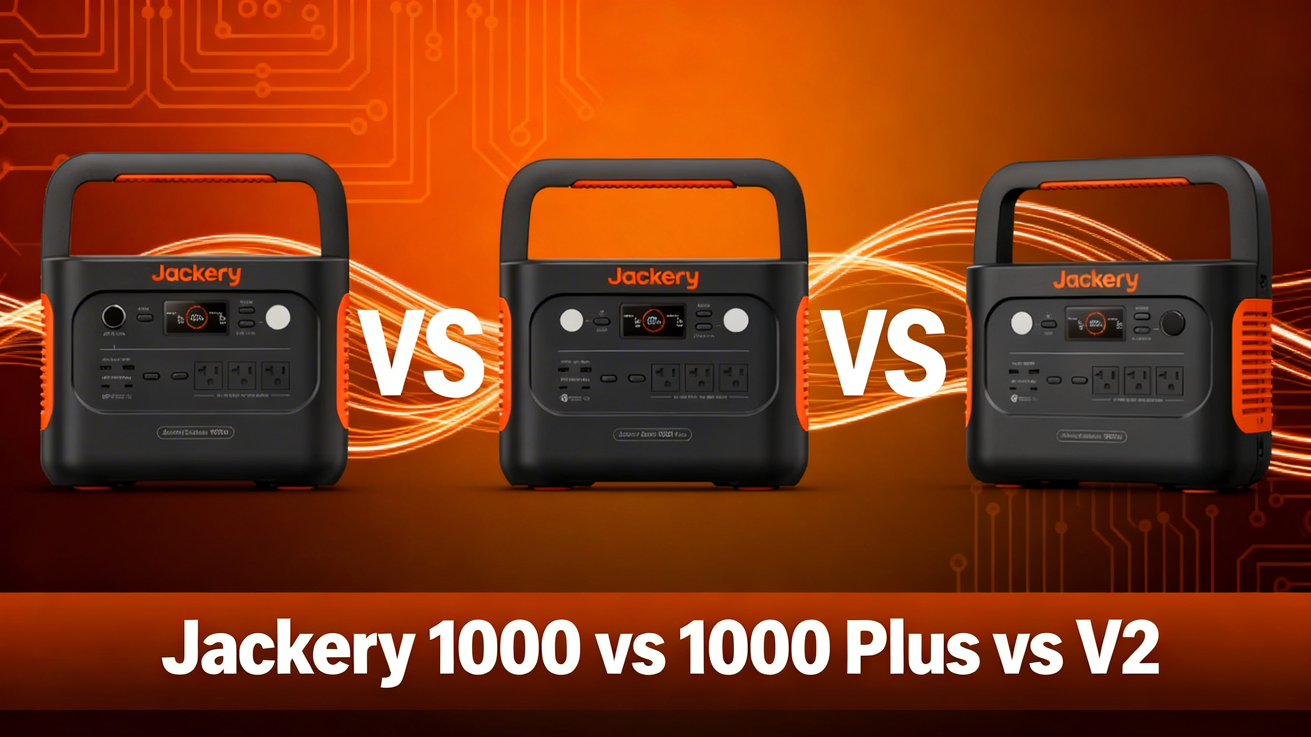 VS comparison hero showing Jackery Explorer 1000 v2, 1000 Plus and 1000 Pro power stations side by side on warm orange gradient