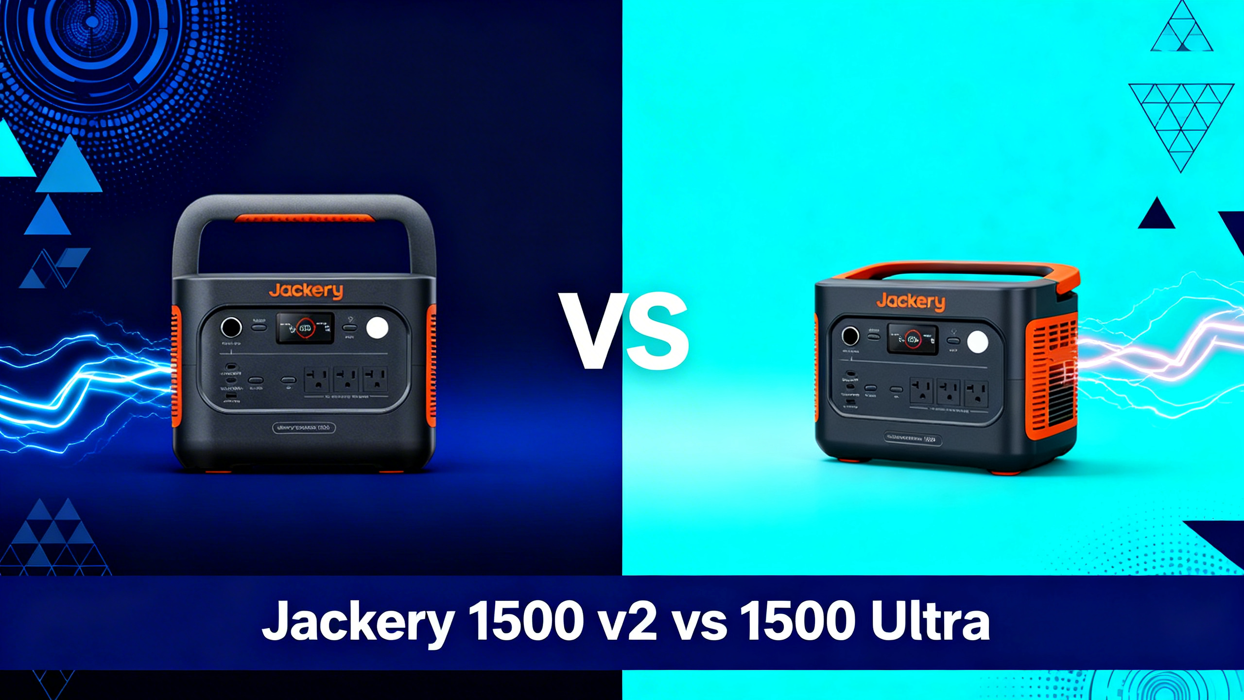 Split design hero image with navy blue gradient on left, electric cyan gradient on right, VS text in center, and white text reading Jackery 1500 v2 vs 1500 Ultra.