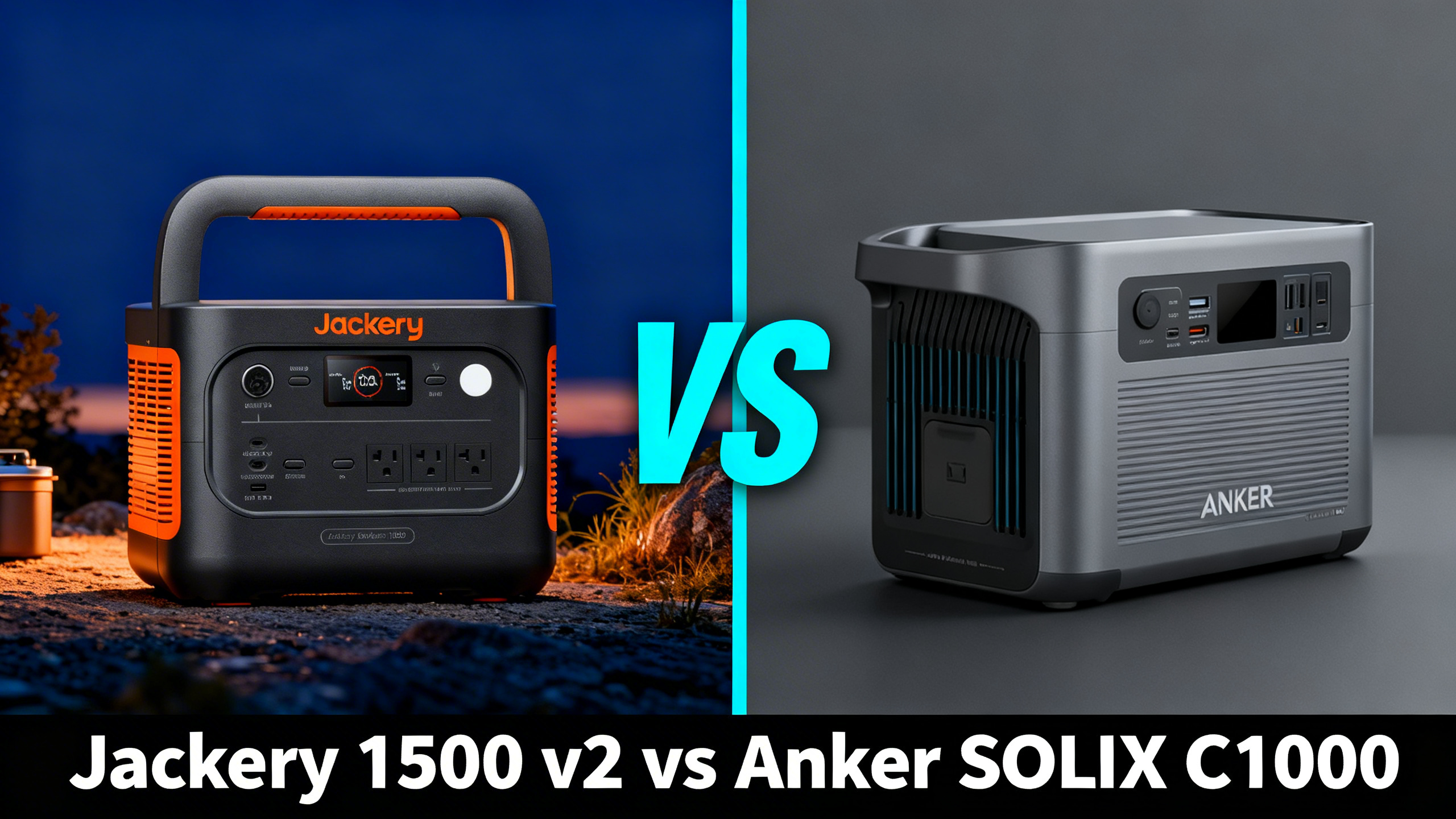 Split design hero with Jackery on left and Anker on right, VS text, reading Jackery 1500 v2 vs Anker SOLIX C1000.