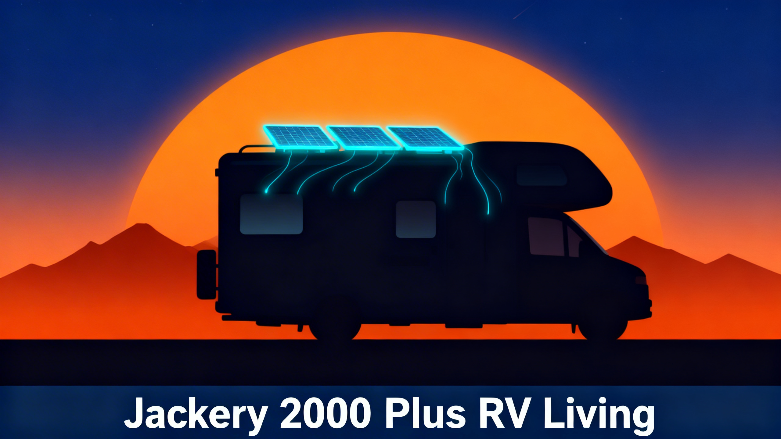 Stylized RV illustration at sunset with solar panels glowing cyan, mountain landscape, and white text reading Jackery 2000 Plus RV Living.