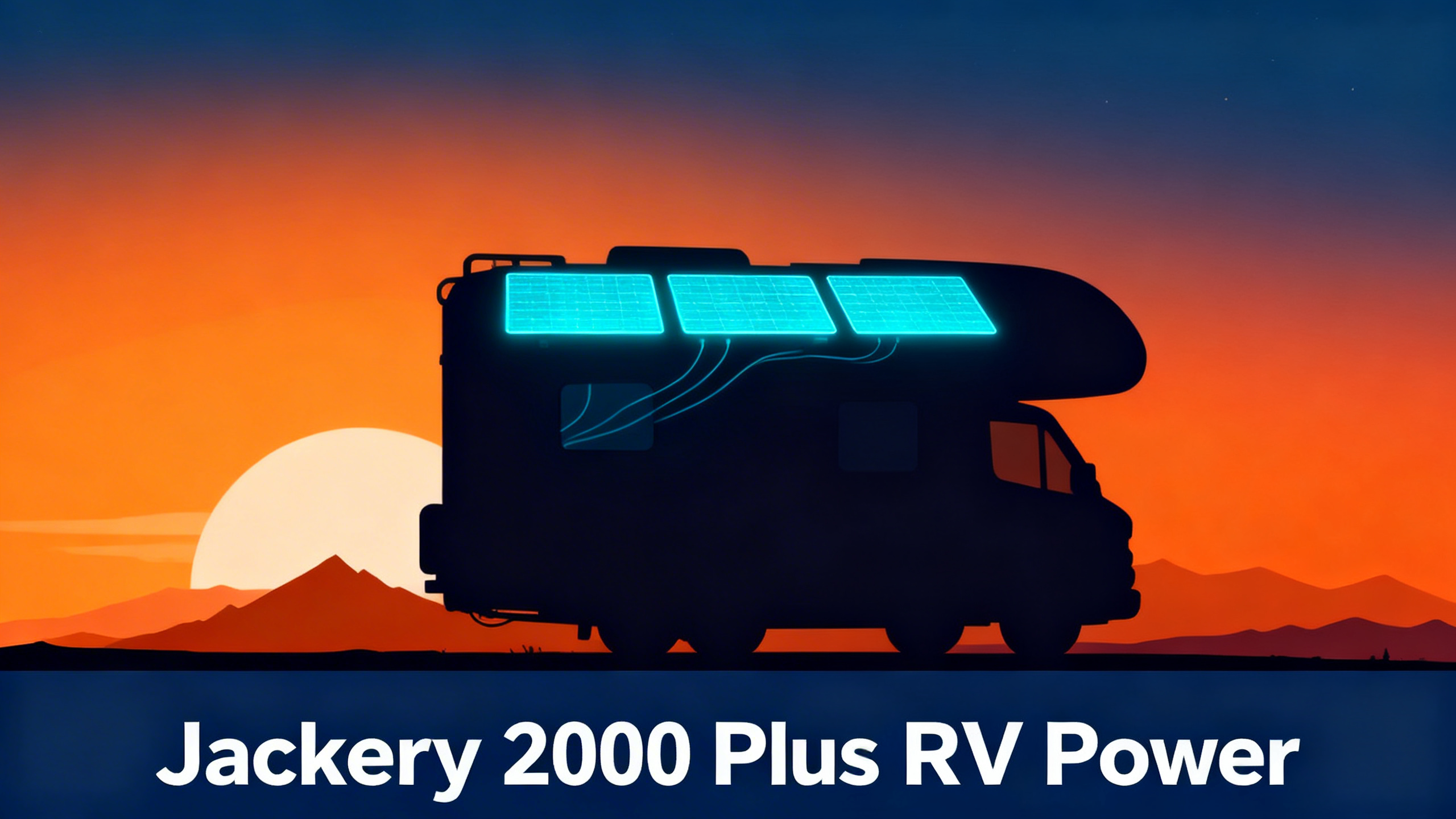 Stylized RV illustration at sunset with solar panels glowing cyan, mountain landscape, and white text reading Jackery 2000 Plus RV Power.