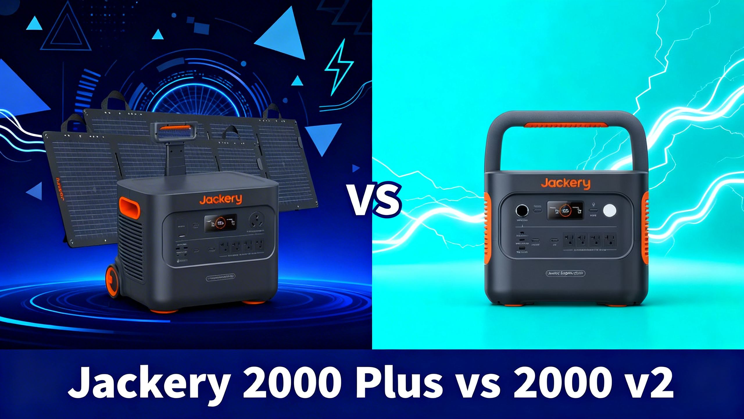 Split design hero image with navy blue gradient on left, electric cyan gradient on right, VS text in center, and white text reading Jackery 2000 Plus vs 2000 v2.