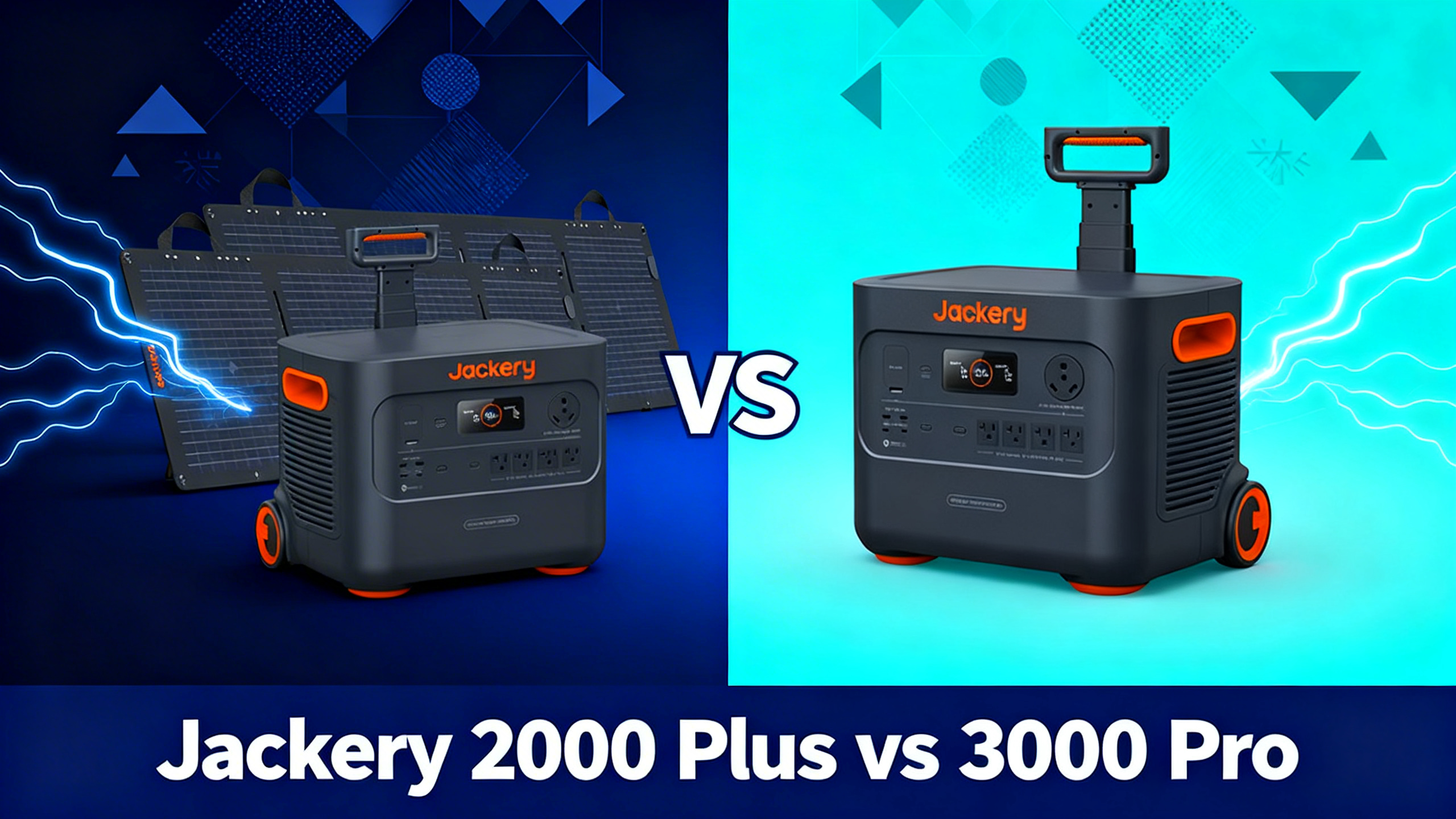 Split design hero image with navy blue gradient on left, electric cyan gradient on right, VS text in center, and white text reading Jackery 2000 Plus vs 3000 Pro.
