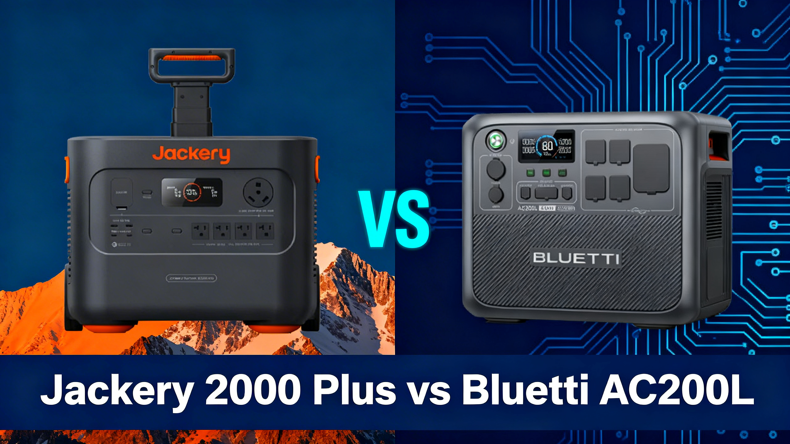 Split design hero with Jackery on left and Bluetti on right, VS text, reading Jackery 2000 Plus vs Bluetti AC200L.