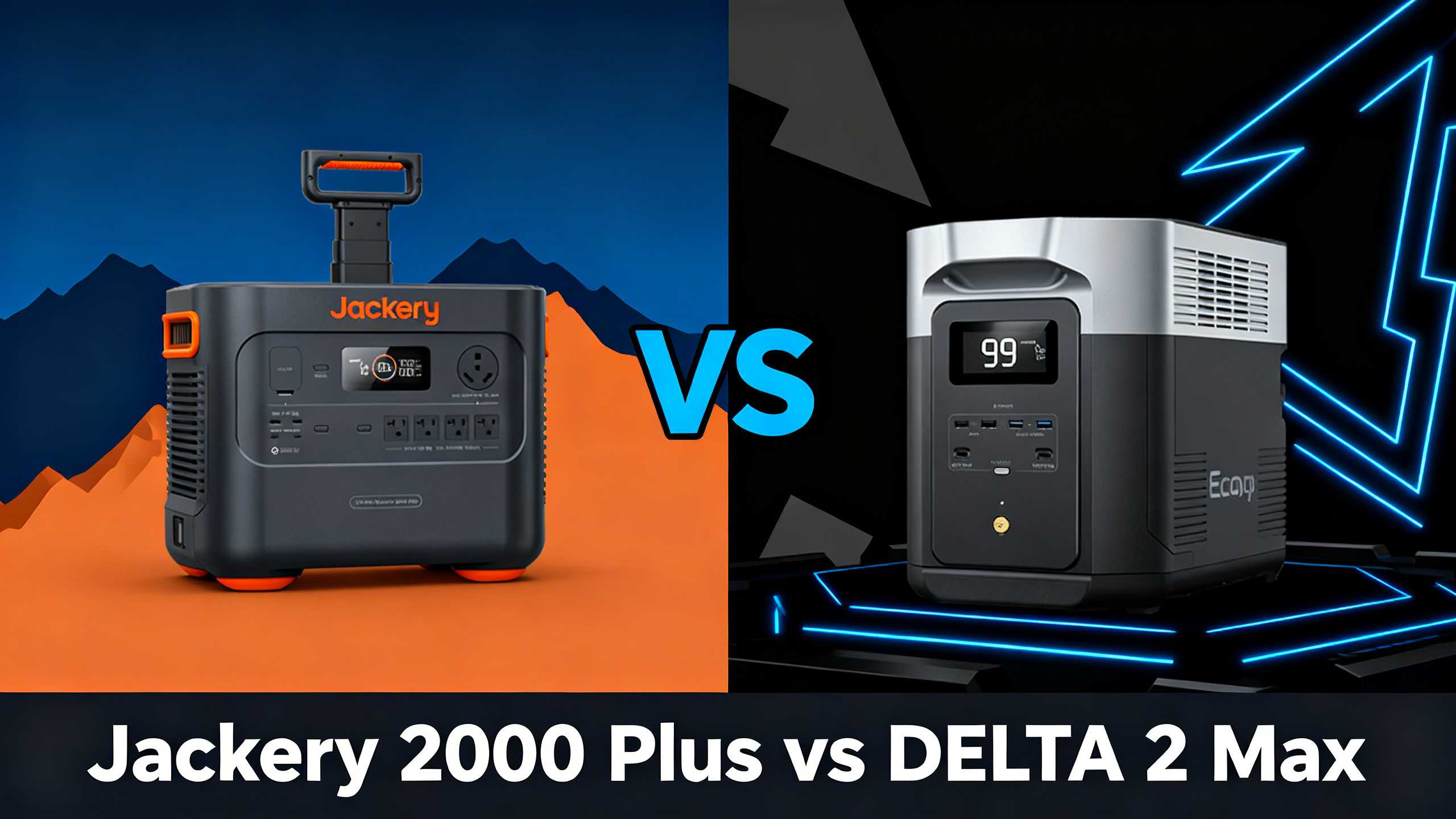 Split design hero with Jackery on left and EcoFlow on right, VS text, reading Jackery 2000 Plus vs DELTA 2 Max.