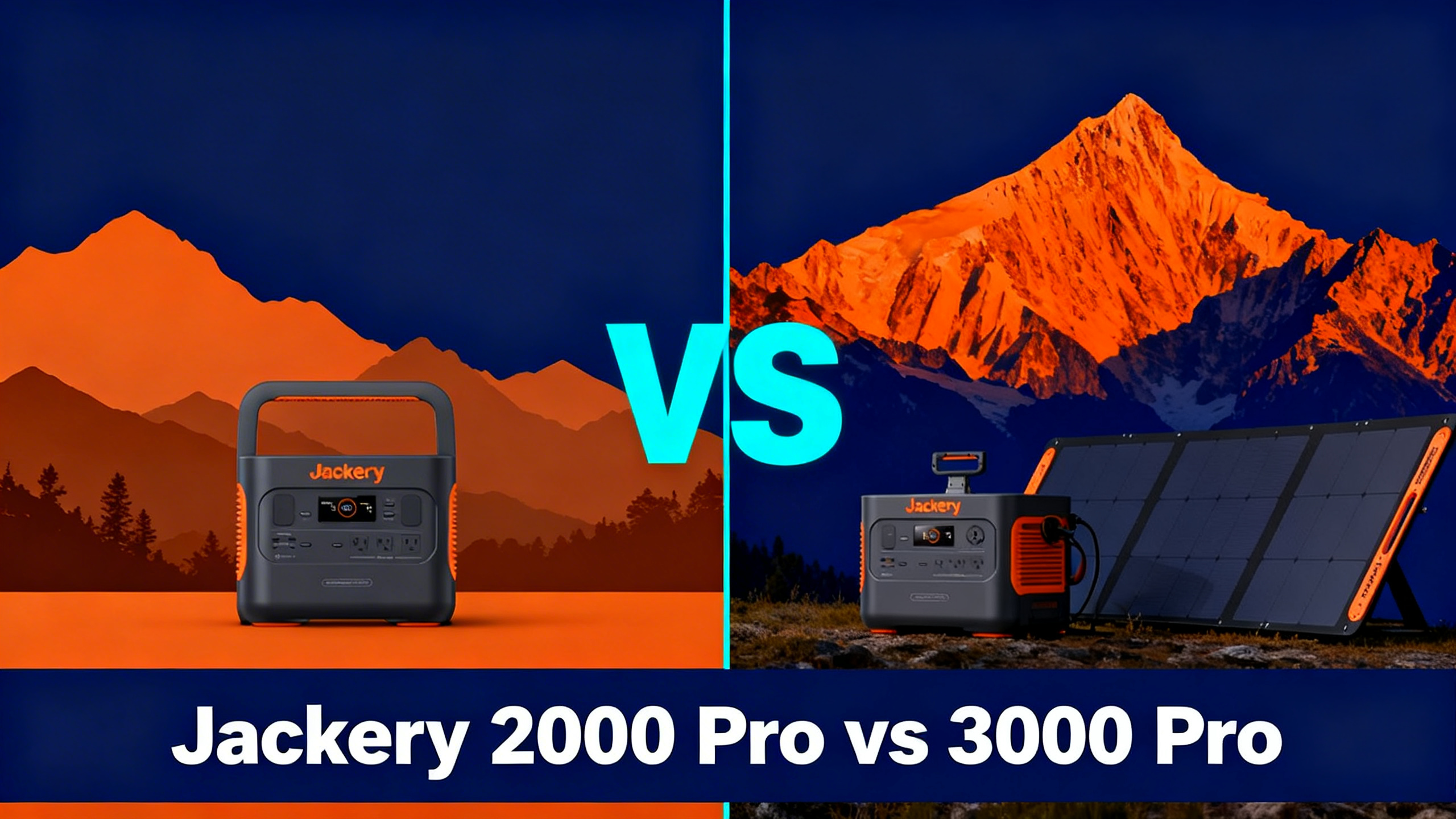 Split-design illustration comparing Jackery 2000 Pro and 3000 Pro power stations with navy blue and warm orange adventure aesthetic
