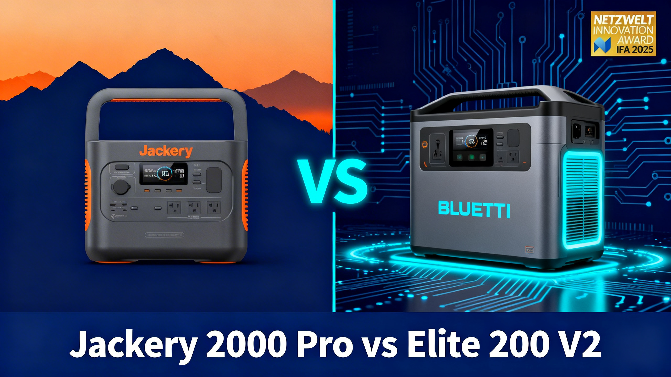 Split-design illustration comparing Jackery 2000 Pro and Bluetti Elite 200 V2 premium power stations with navy blue and cyan accents