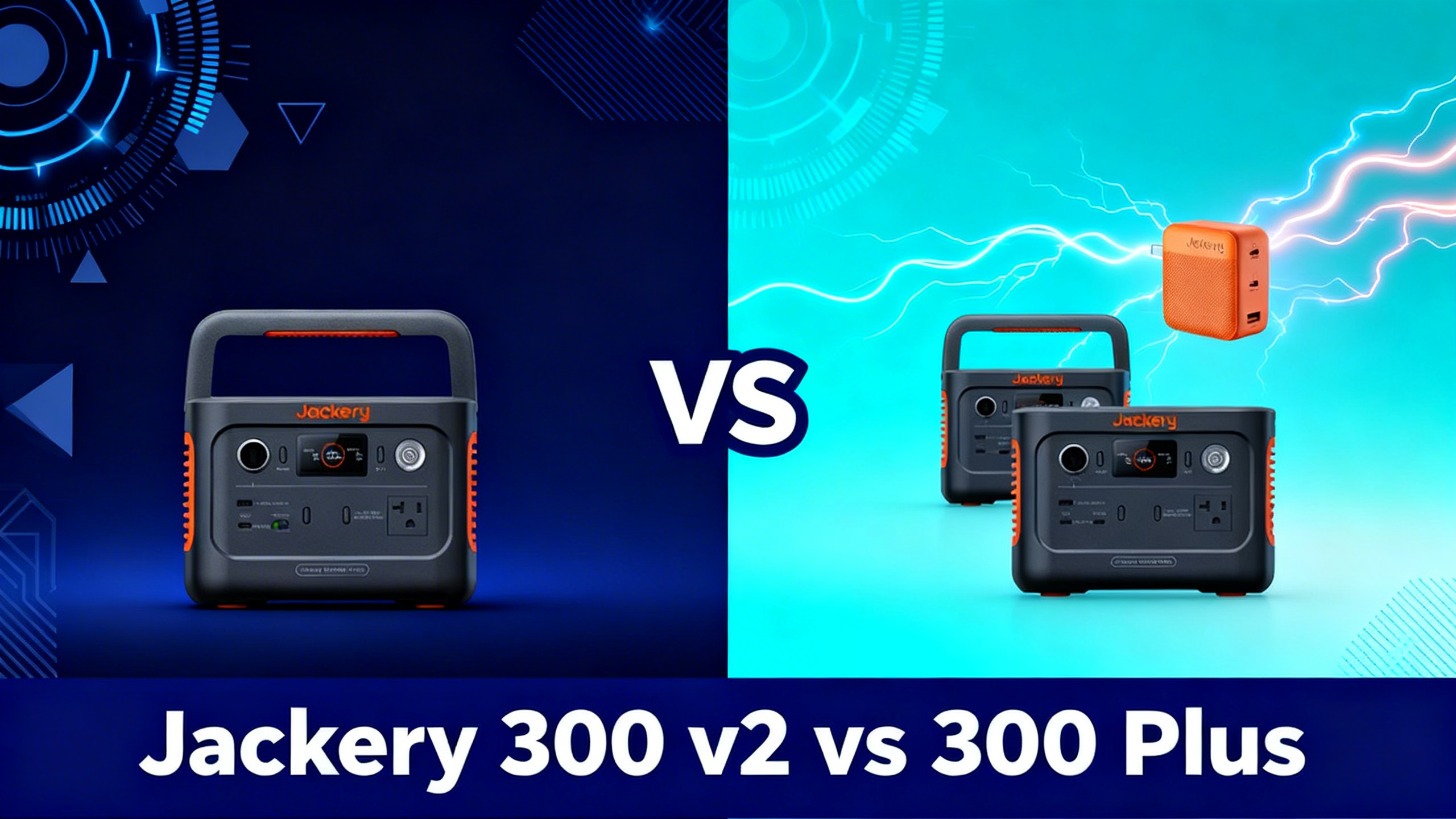 Split design hero image with navy blue gradient on left, electric cyan gradient on right, VS text in center, and white text reading Jackery 300 v2 vs 300 Plus.