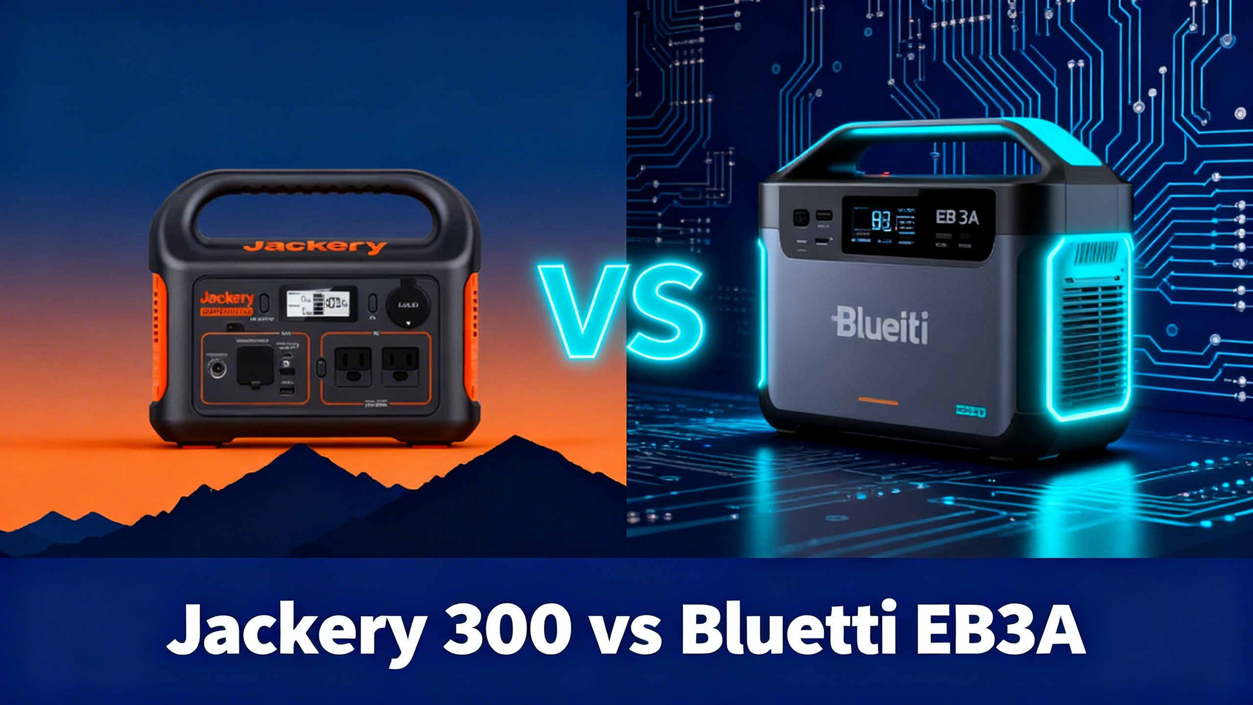Split-design illustration comparing Jackery Explorer 300 and Bluetti EB3A compact power stations on navy blue background