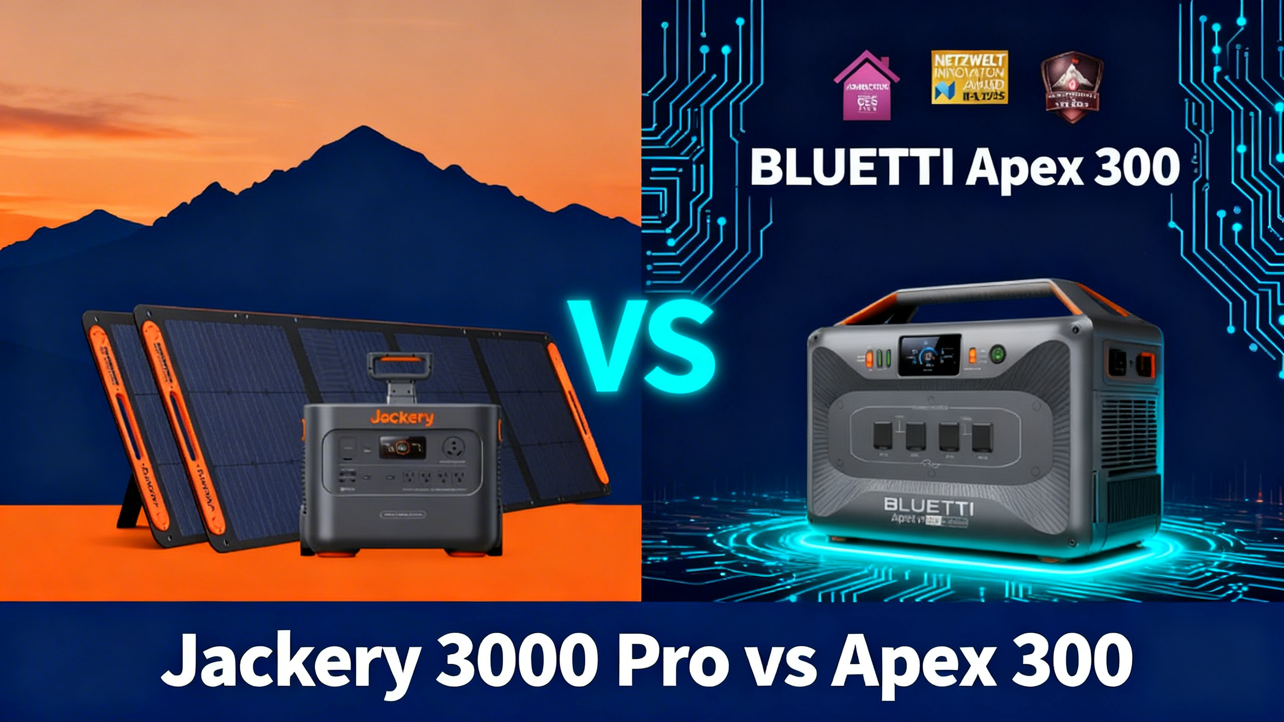 Split-design illustration comparing Jackery 3000 Pro and Bluetti AC200L premium power stations with navy blue and cyan accents