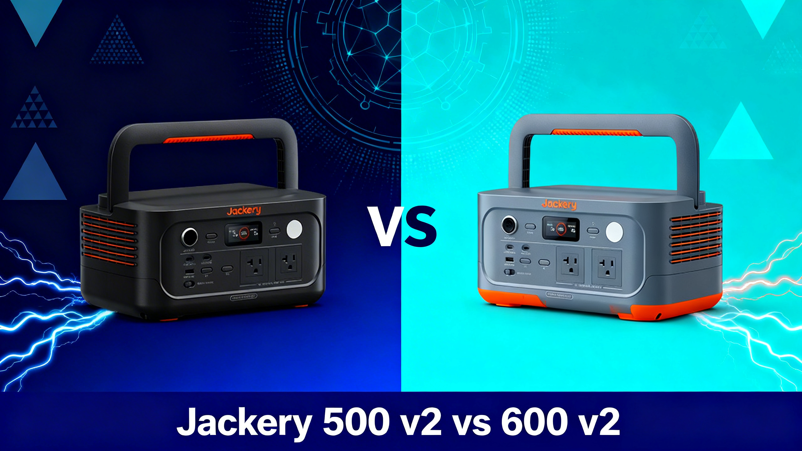 Split design hero image with VS text and white text reading Jackery 500 v2 vs 600 v2.