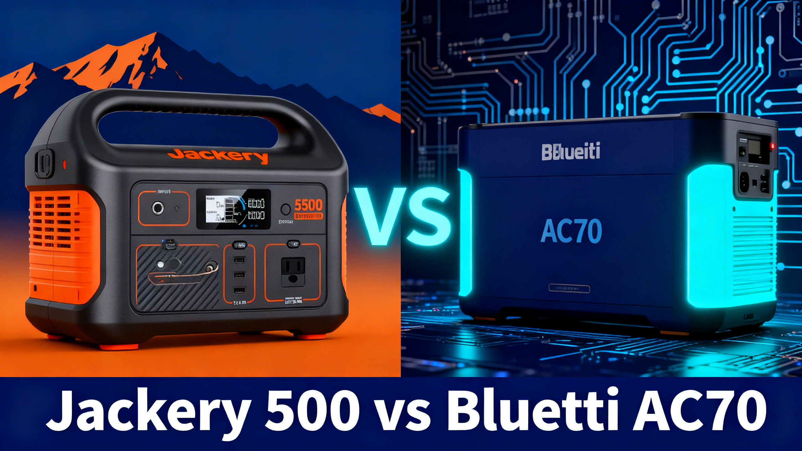 Split-design illustration comparing Jackery Explorer 500 and Bluetti AC70 portable power stations on navy blue background