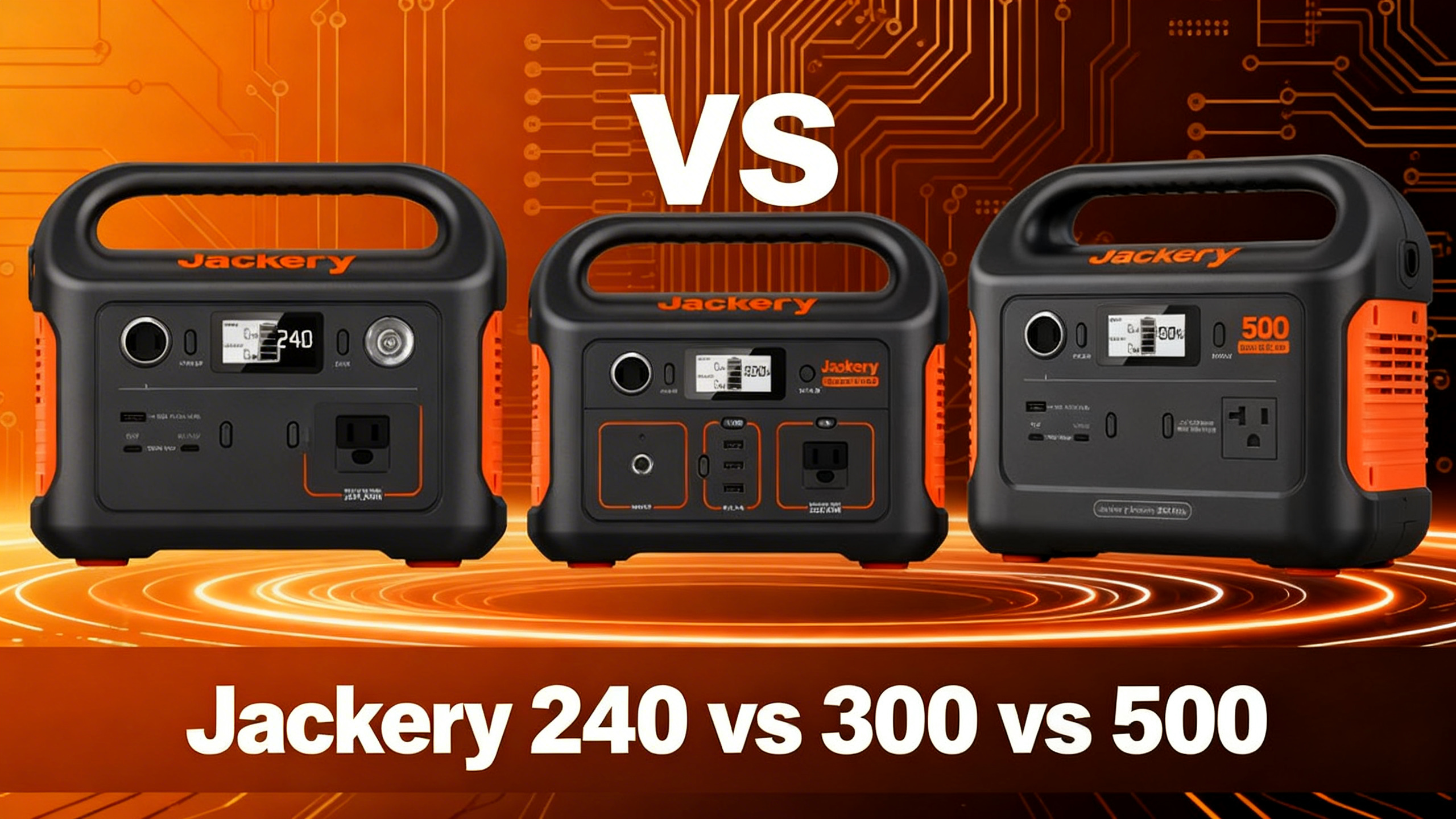 VS comparison hero showing Jackery Explorer 240, 300 and 500 budget power stations side by side on warm orange gradient