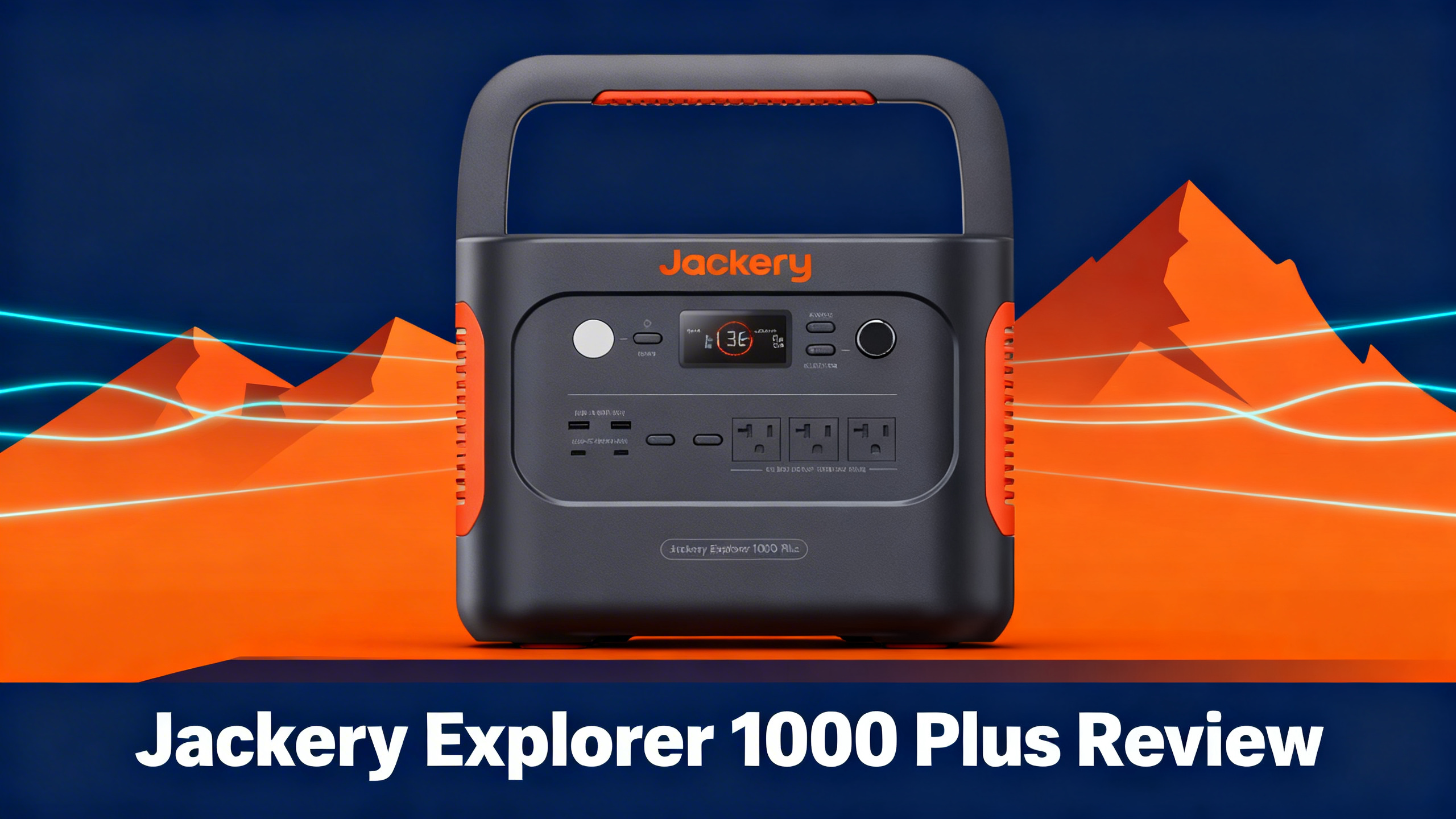 Outdoor-tech hero image with navy blue background, warm orange accents, mountain silhouettes, and white text reading Jackery Explorer 1000 Plus Review.