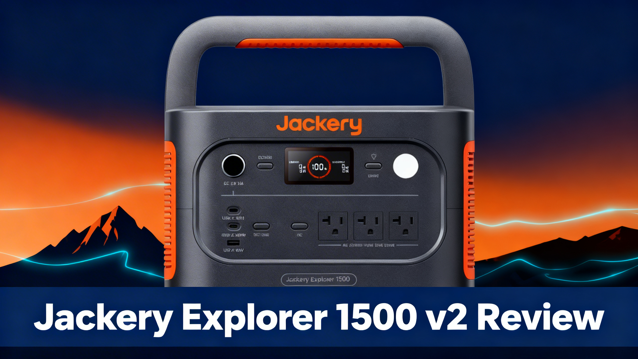 Outdoor-tech hero image with navy blue background, warm orange accents, mountain silhouettes, and white text reading Jackery Explorer 1500 v2 Review.