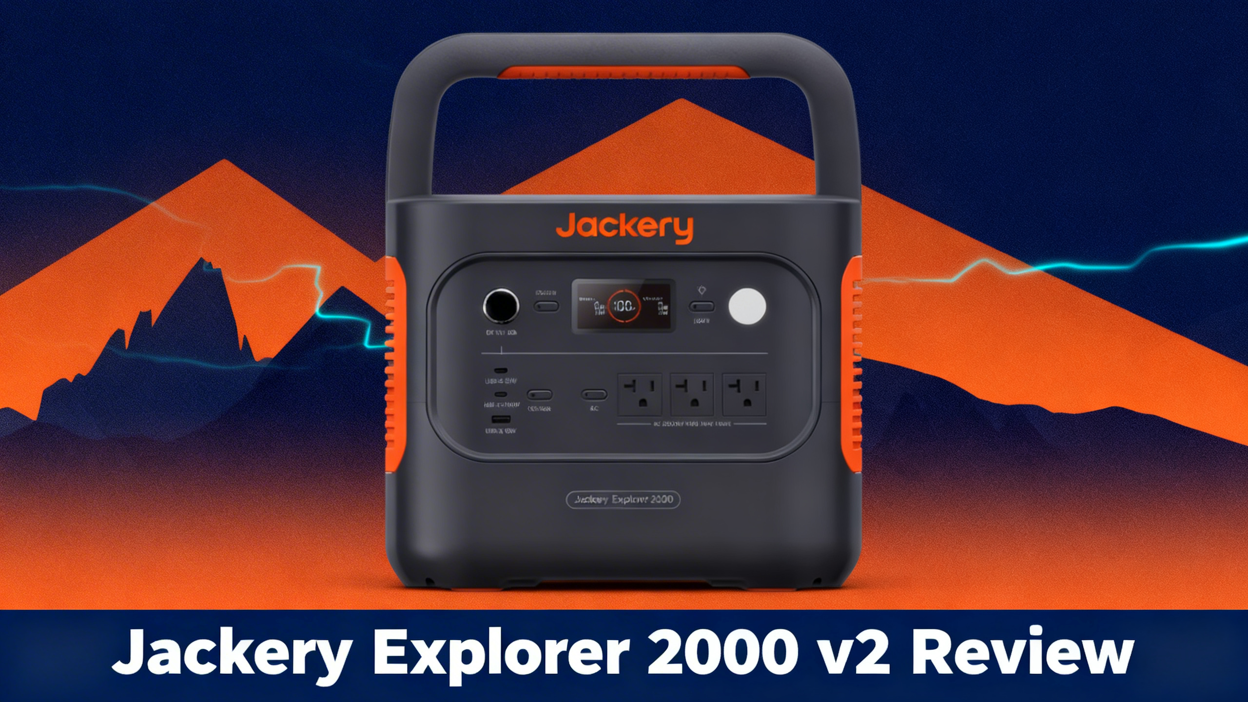 Outdoor-tech hero image with navy blue background, warm orange accents, mountain silhouettes, and white text reading Jackery Explorer 2000 v2 Review.