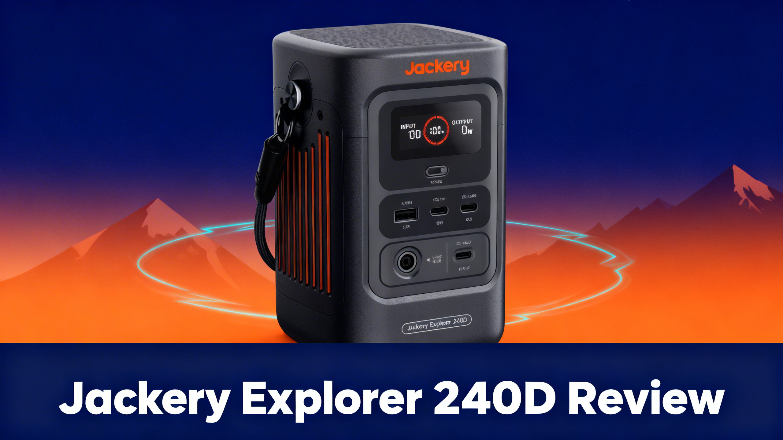 Outdoor-tech hero image with navy blue background, warm orange accents, mountain silhouettes, and white text reading Jackery Explorer 240D Review.