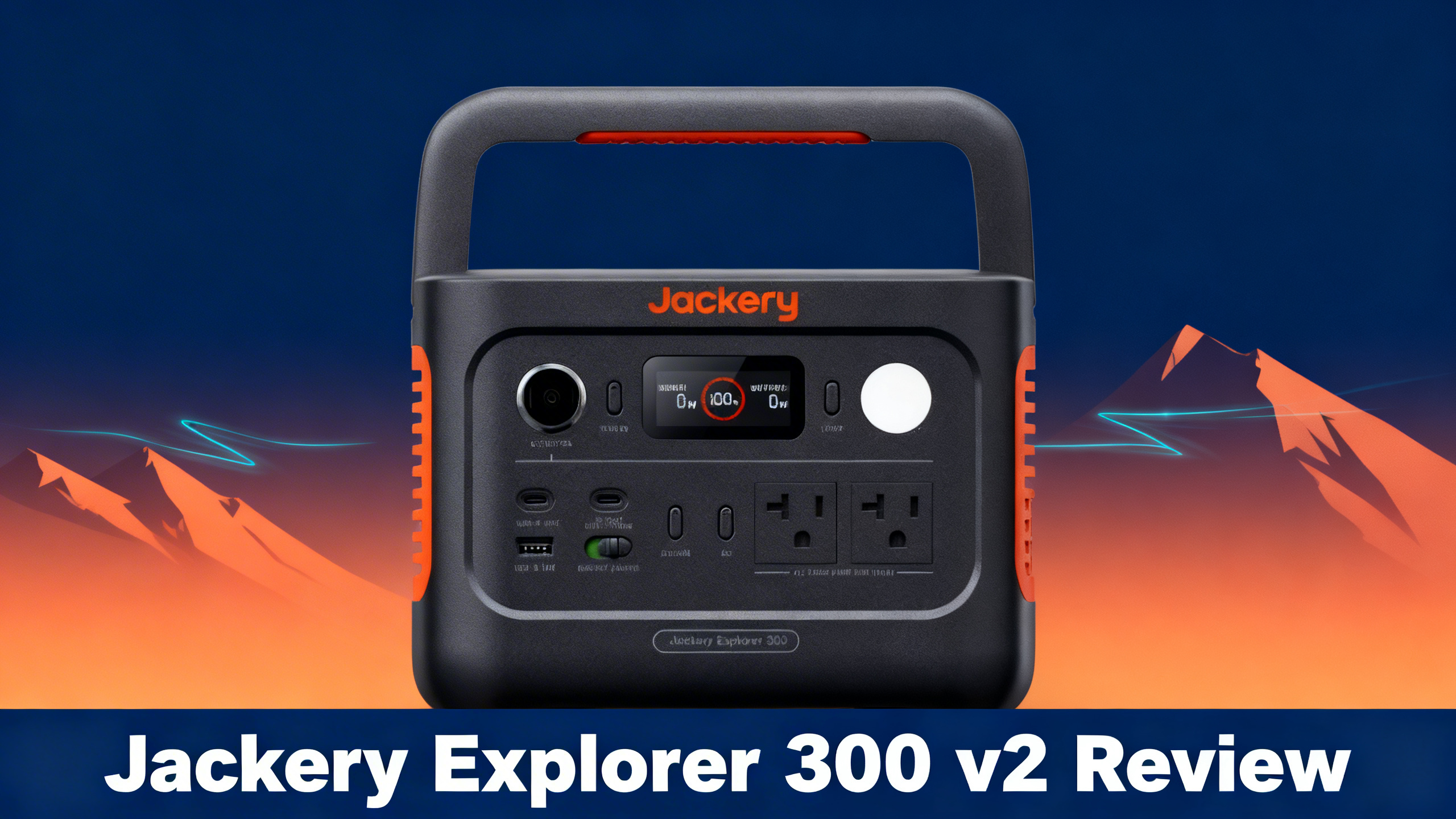 Outdoor-tech hero image with navy blue background, warm orange accents, mountain silhouettes, and white text reading Jackery Explorer 300 v2 Review.