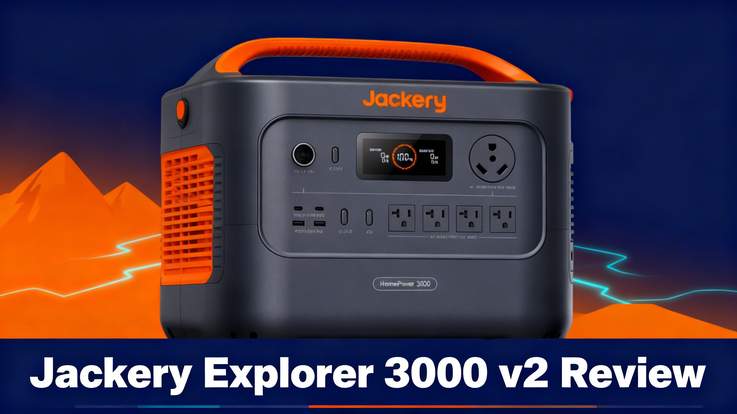 Outdoor-tech hero image with navy blue background, warm orange accents, mountain silhouettes, and white text reading Jackery Explorer 3000 v2 Review.