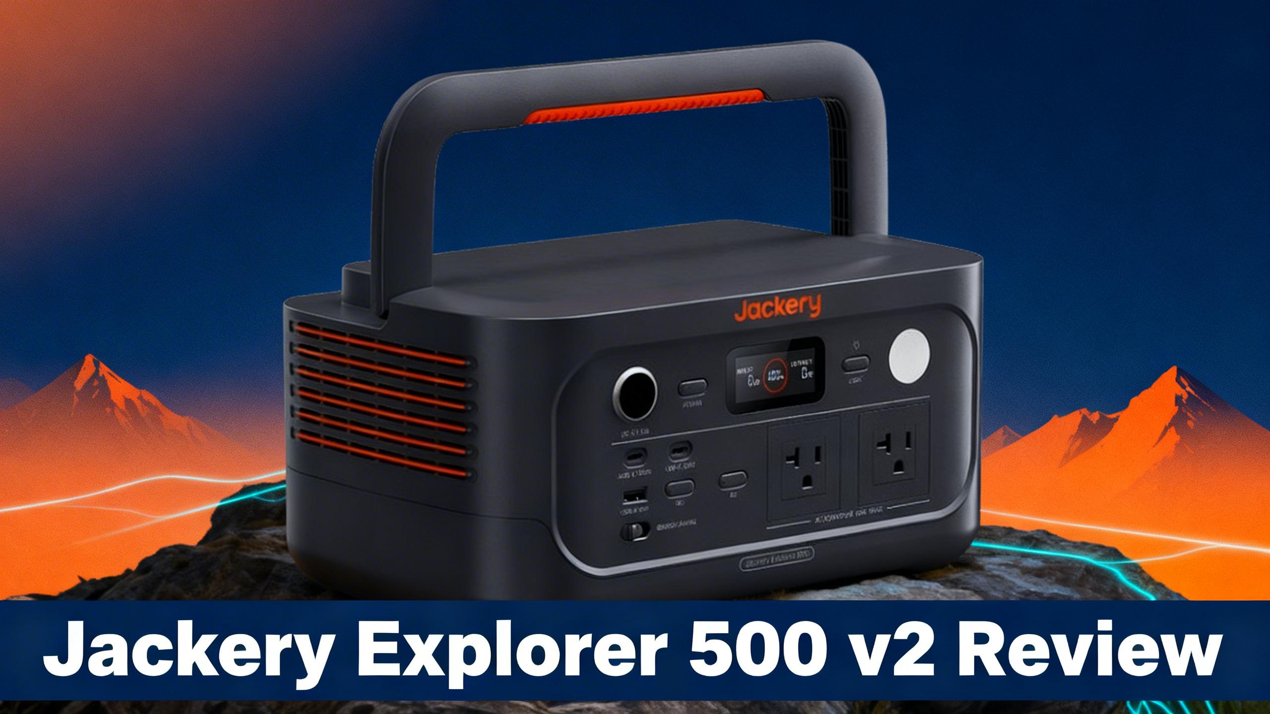 Outdoor-tech hero image with navy blue background, warm orange accents, mountain silhouettes, and white text reading Jackery Explorer 500 v2 Review.