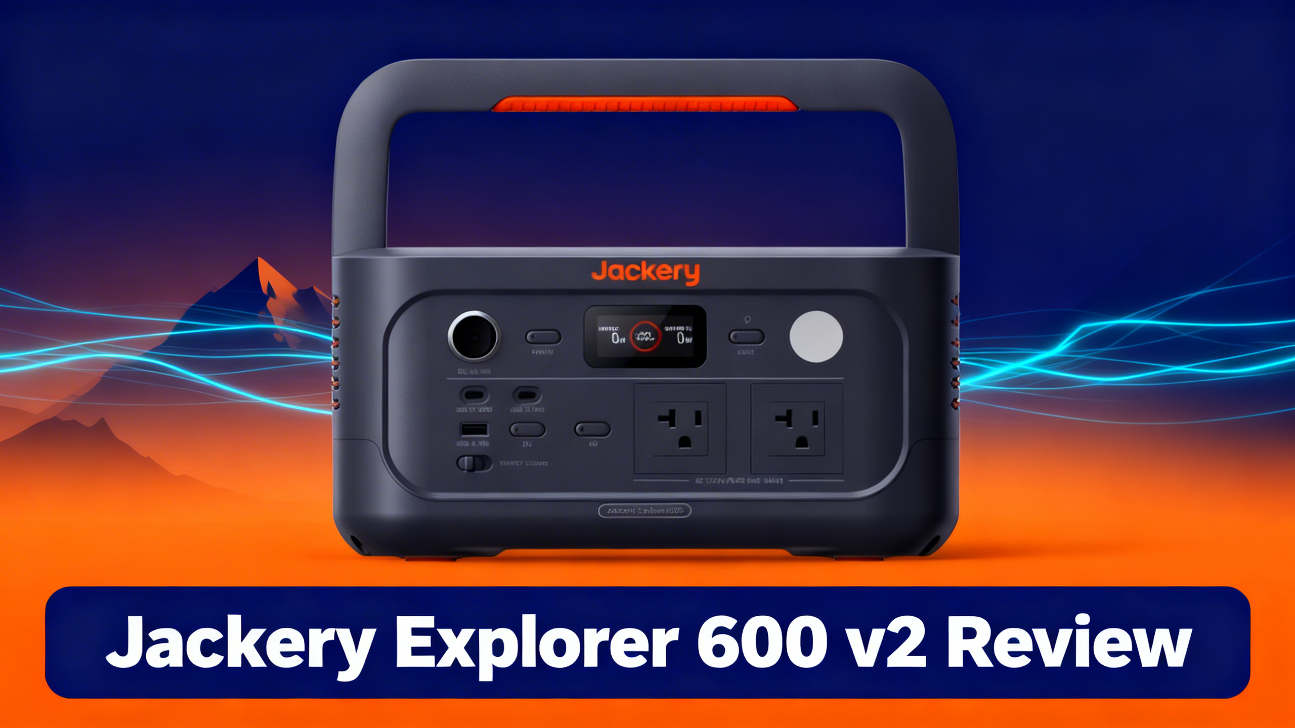 Outdoor-tech hero image with navy blue background, warm orange accents, mountain silhouettes, and white text reading Jackery Explorer 600 v2 Review.