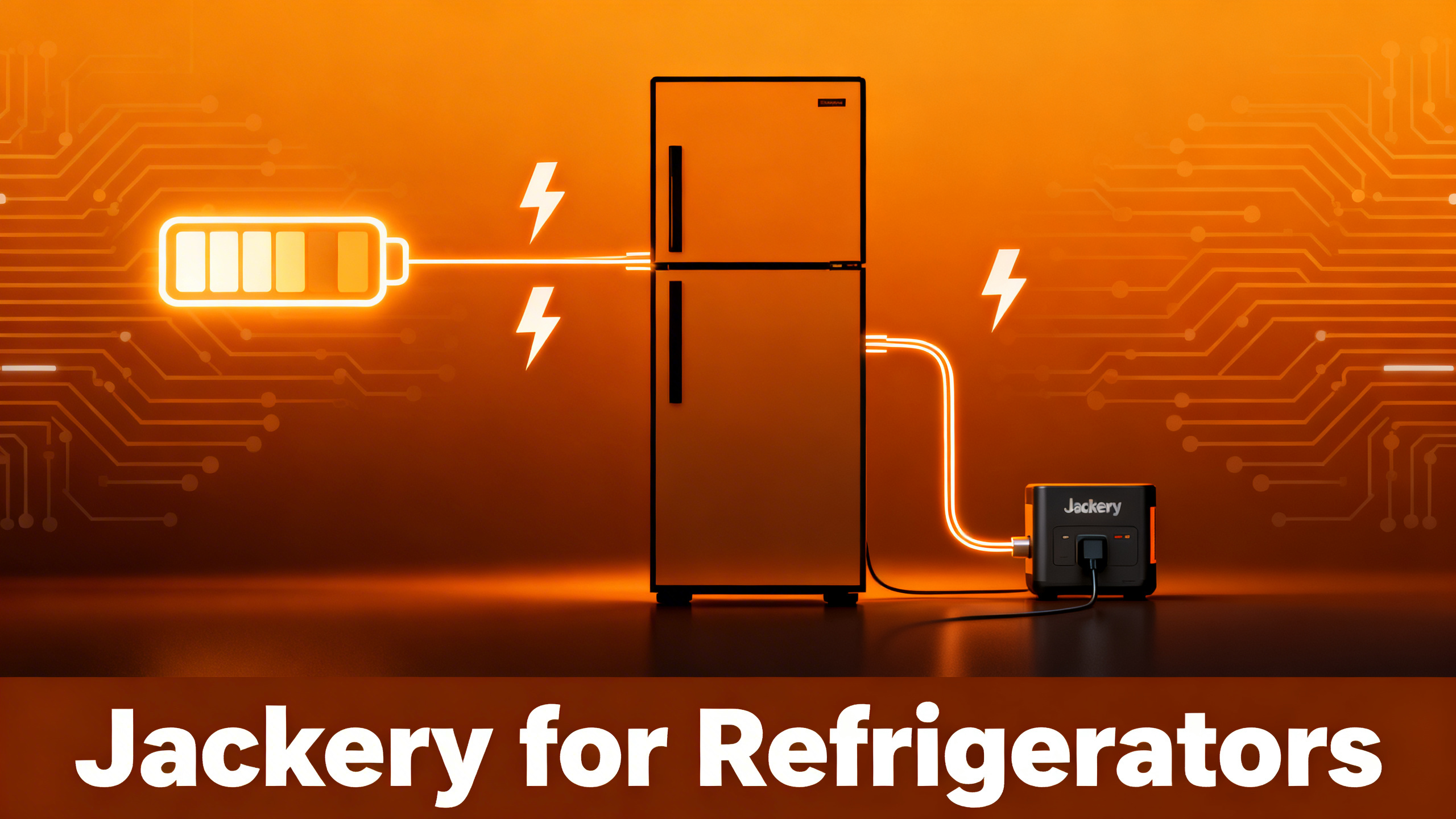 Editorial illustration of refrigerator runtime calculator with Jackery branding and energy flow on orange amber gradient background