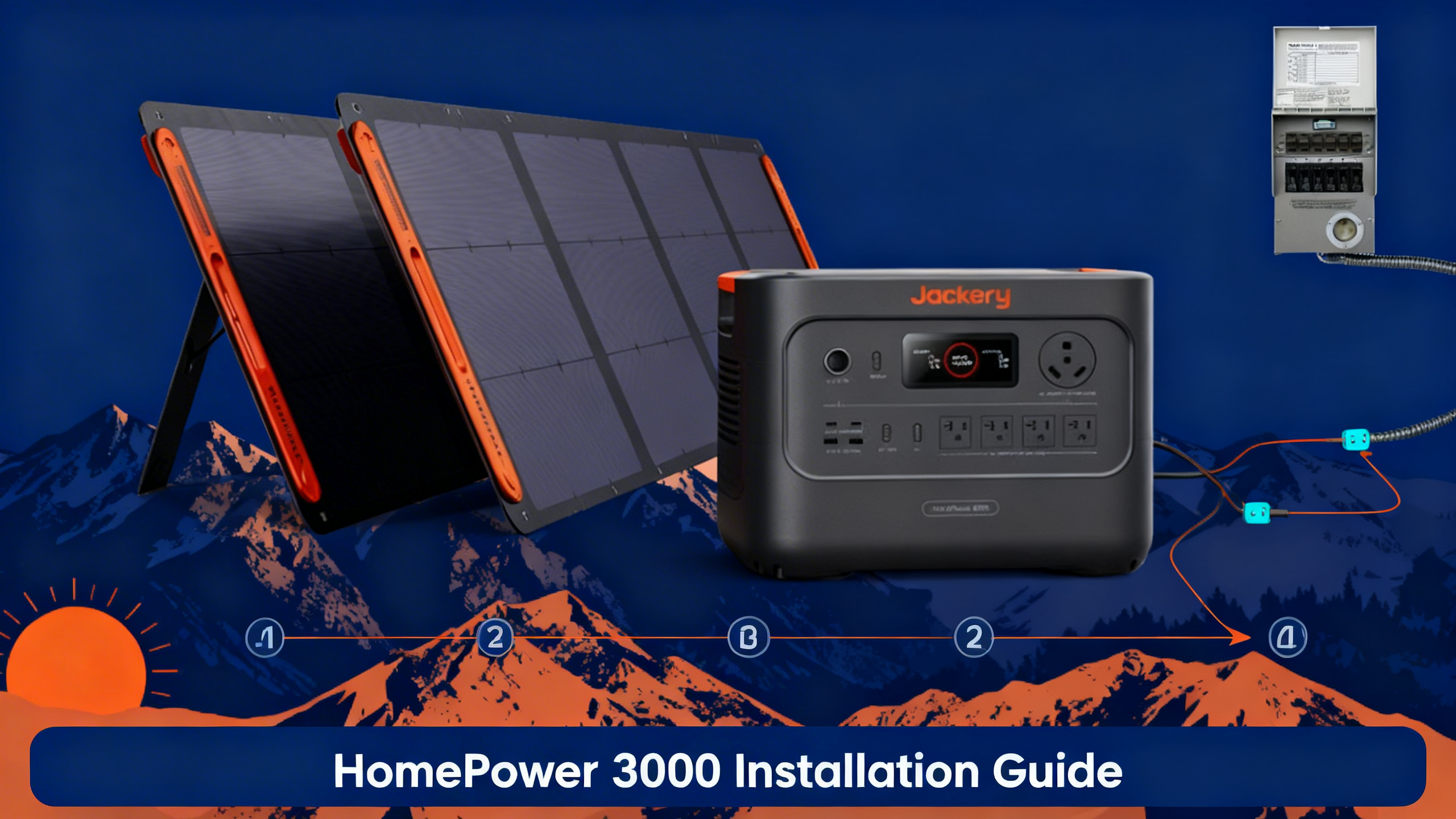 Infographic-style illustration with step-by-step flow diagram and white text reading HomePower 3000 Installation Guide.