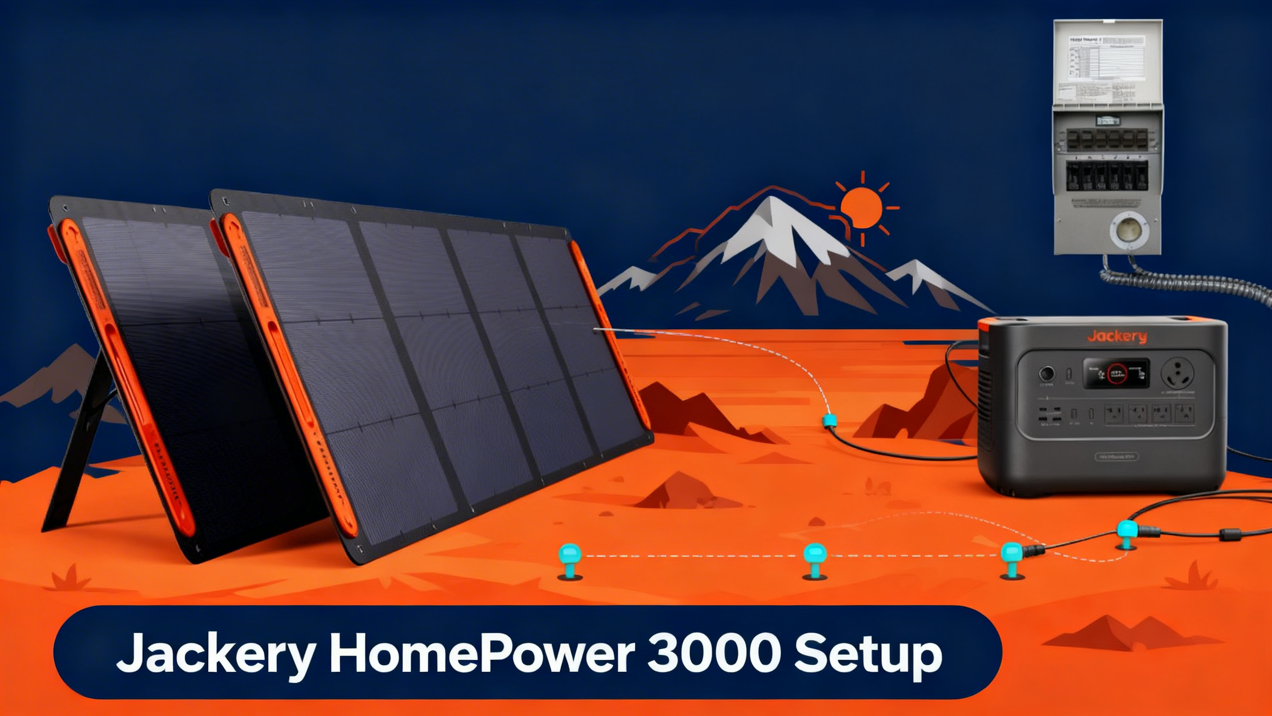 Infographic-style illustration with step-by-step flow diagram and white text reading Jackery HomePower 3000 Setup.