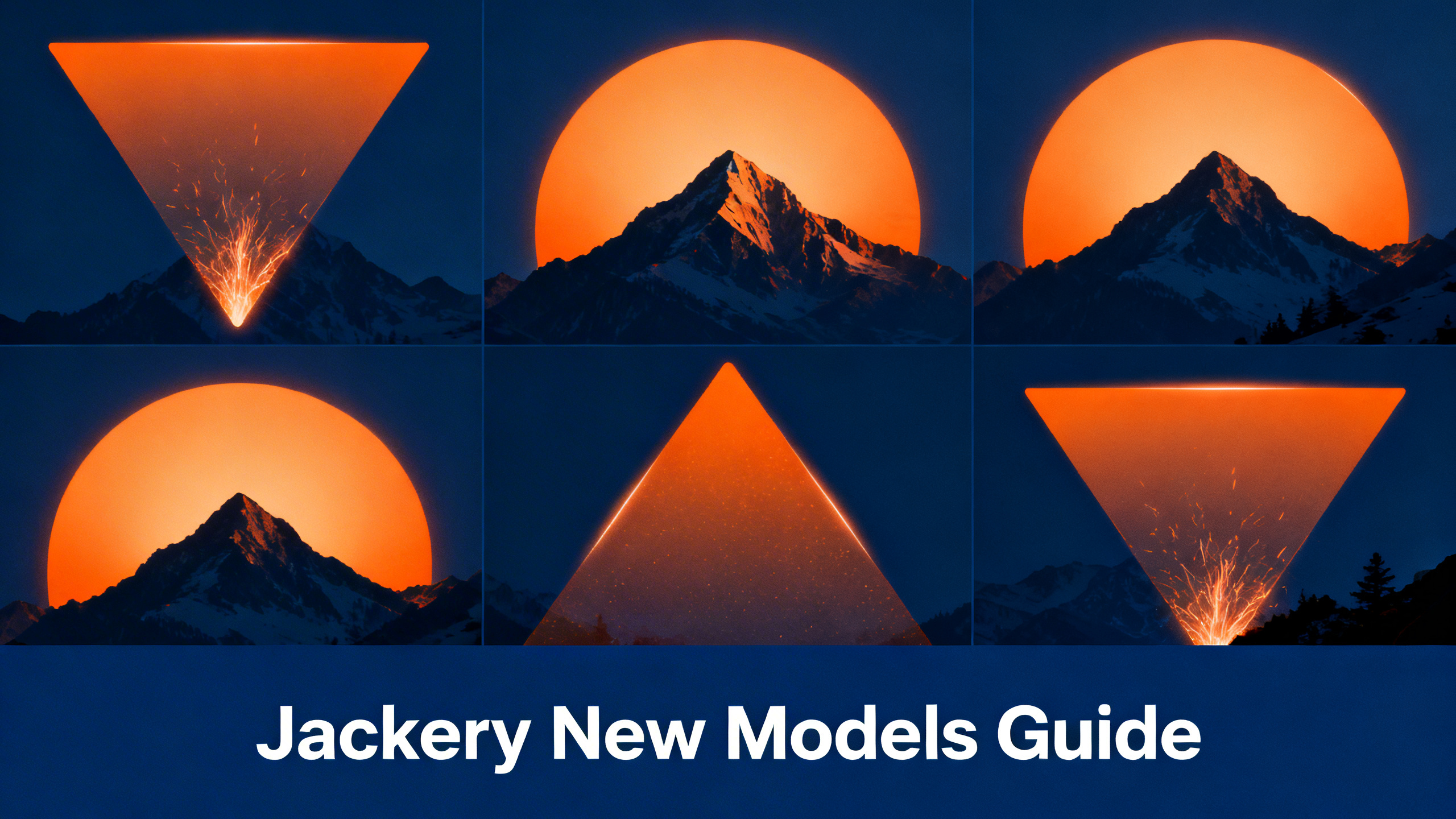 Editorial grid with navy blue background, warm orange accents, and white text reading Jackery New Models Guide.