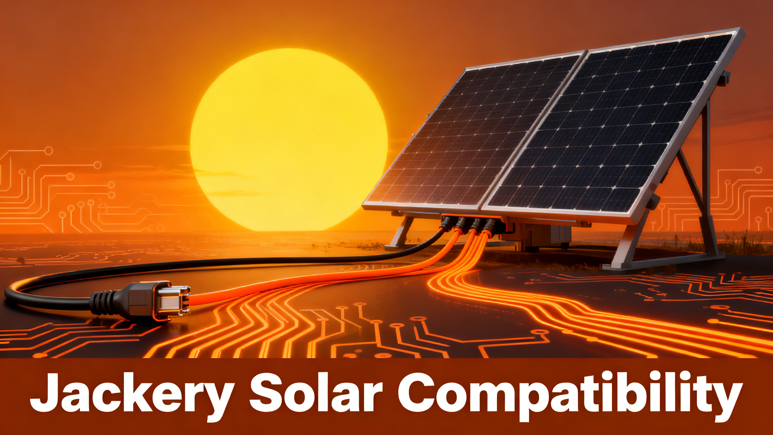 Editorial illustration of solar panels and connector cables with Jackery branding on warm orange gradient background