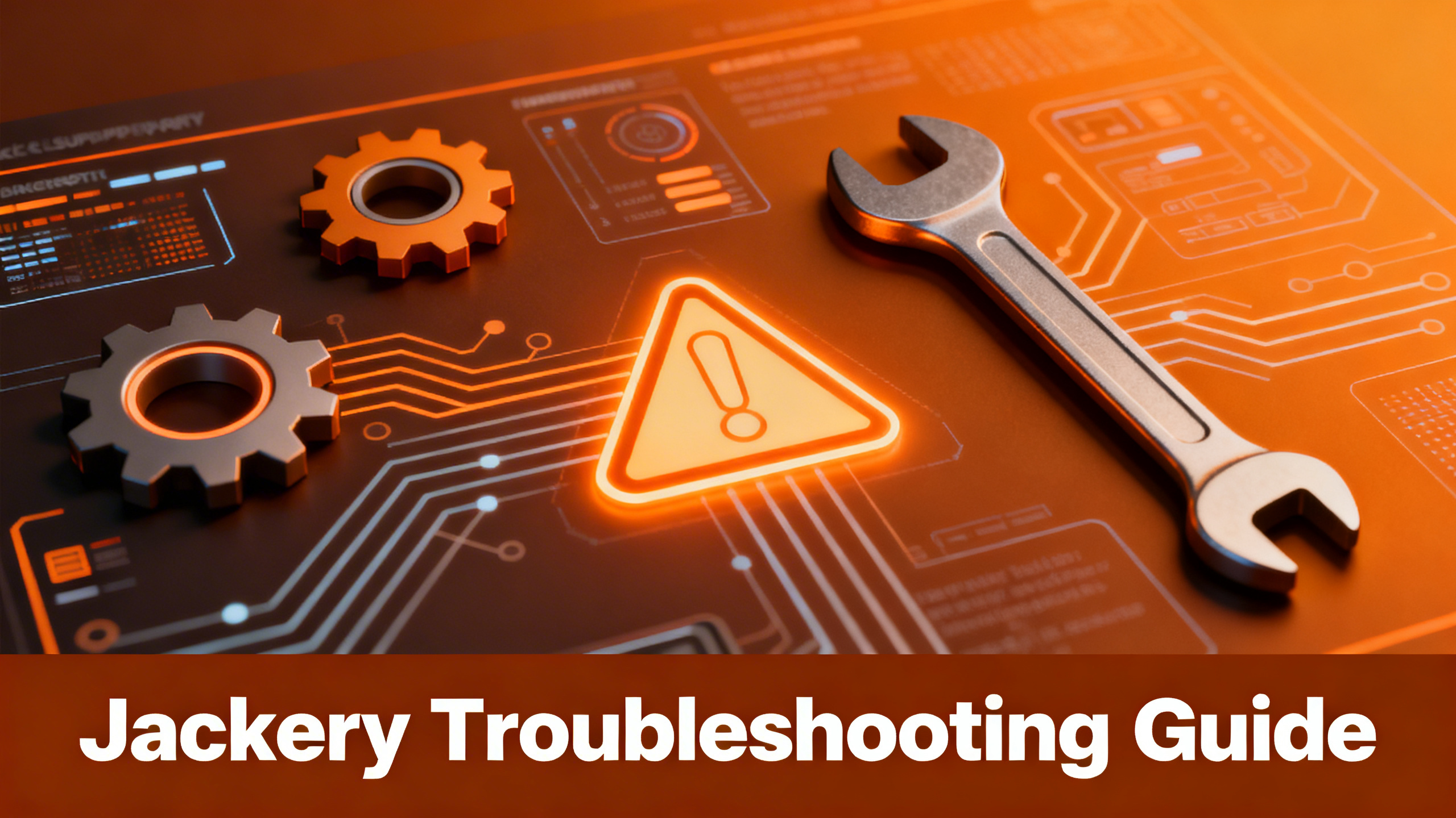 Editorial illustration of wrench, gear and warning icons with Jackery branding on orange amber gradient background