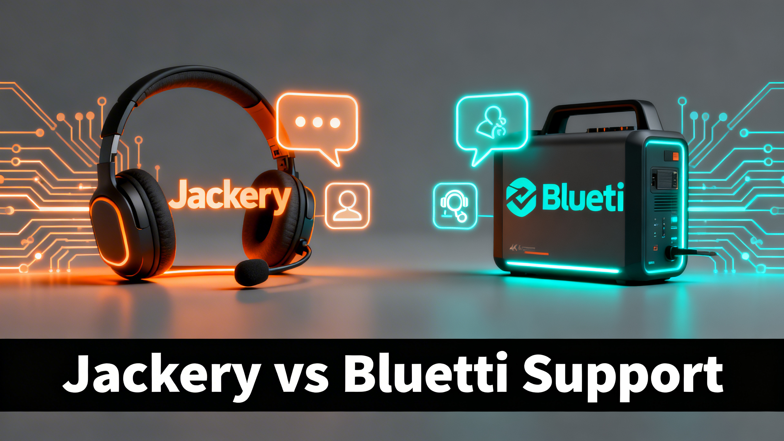 Editorial illustration of headset and chat bubble icons with dual brand colors orange and cyan on charcoal background