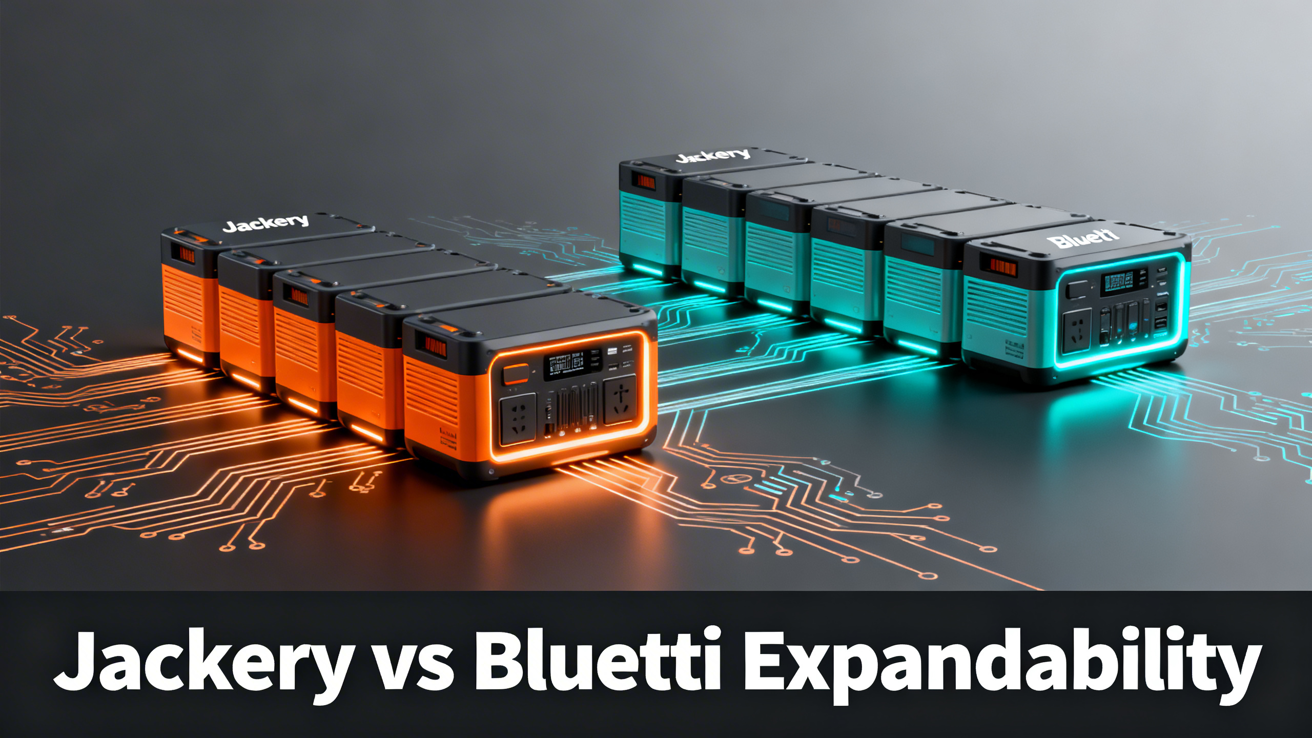Editorial illustration of modular battery blocks with dual brand colors orange and cyan on charcoal background