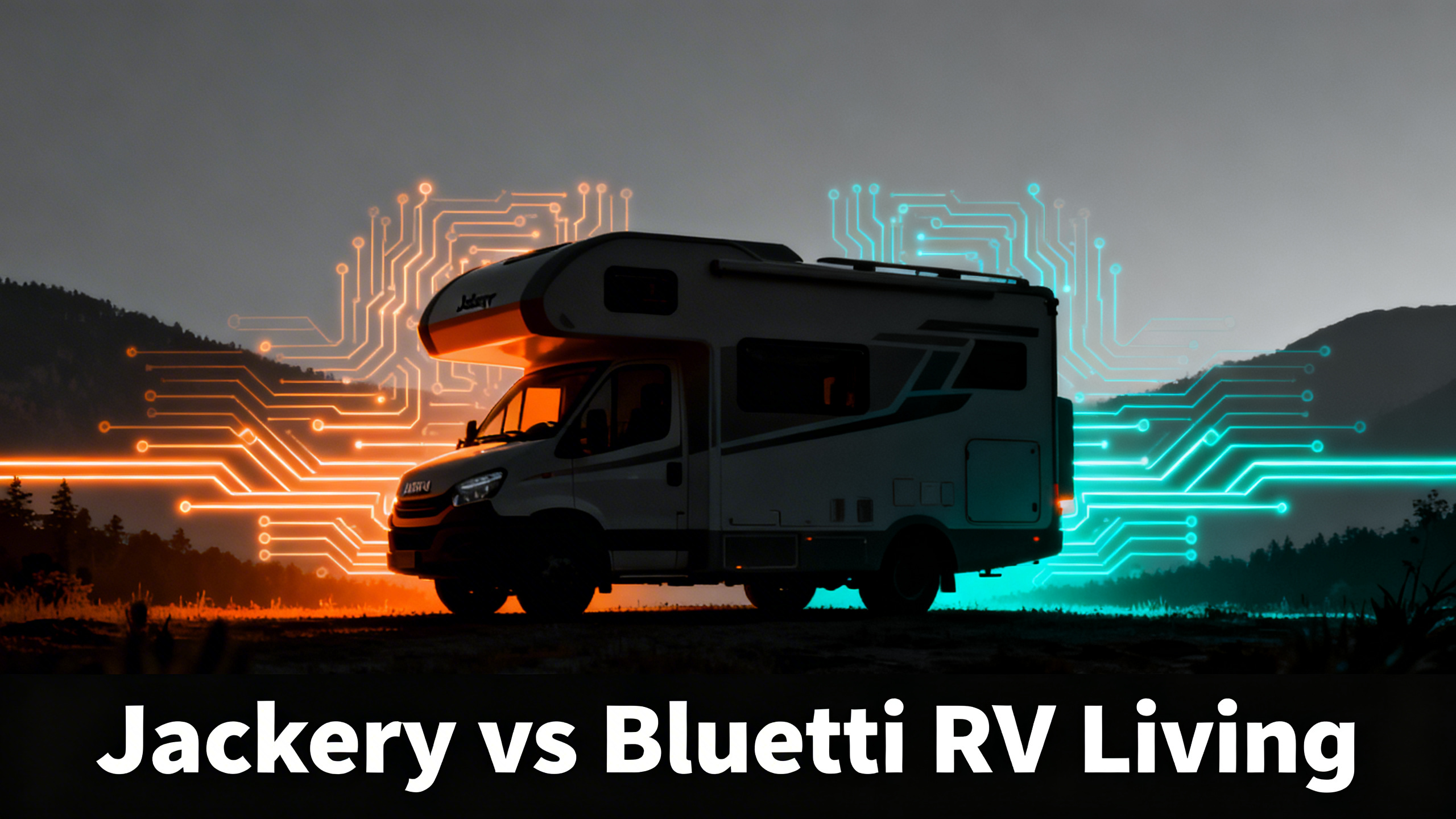 Editorial illustration of RV motorhome silhouette with dual brand colors of Jackery orange and Bluetti navy blue