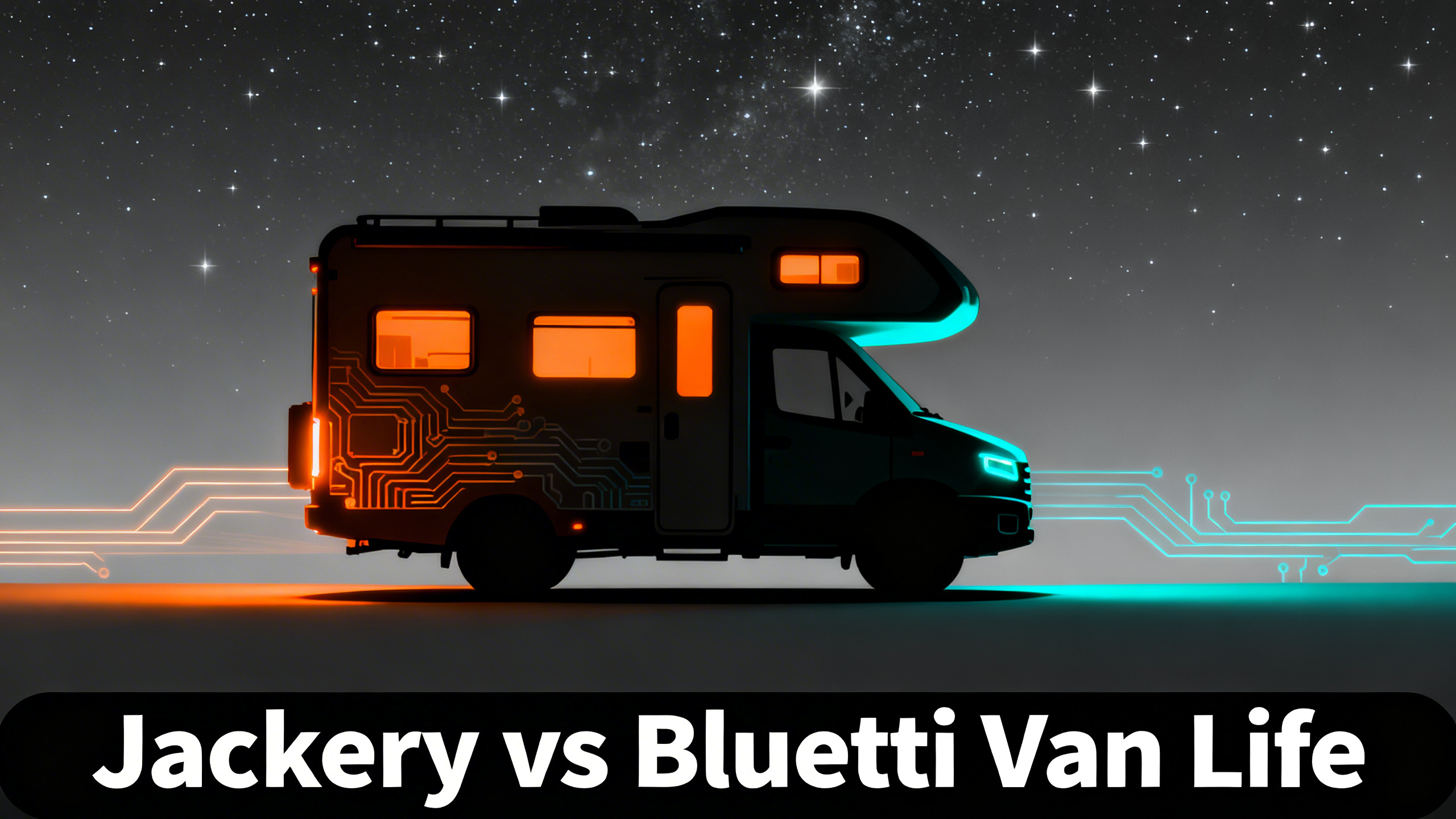 Editorial illustration of camper van silhouette with dual brand colors of Jackery orange and Bluetti navy blue