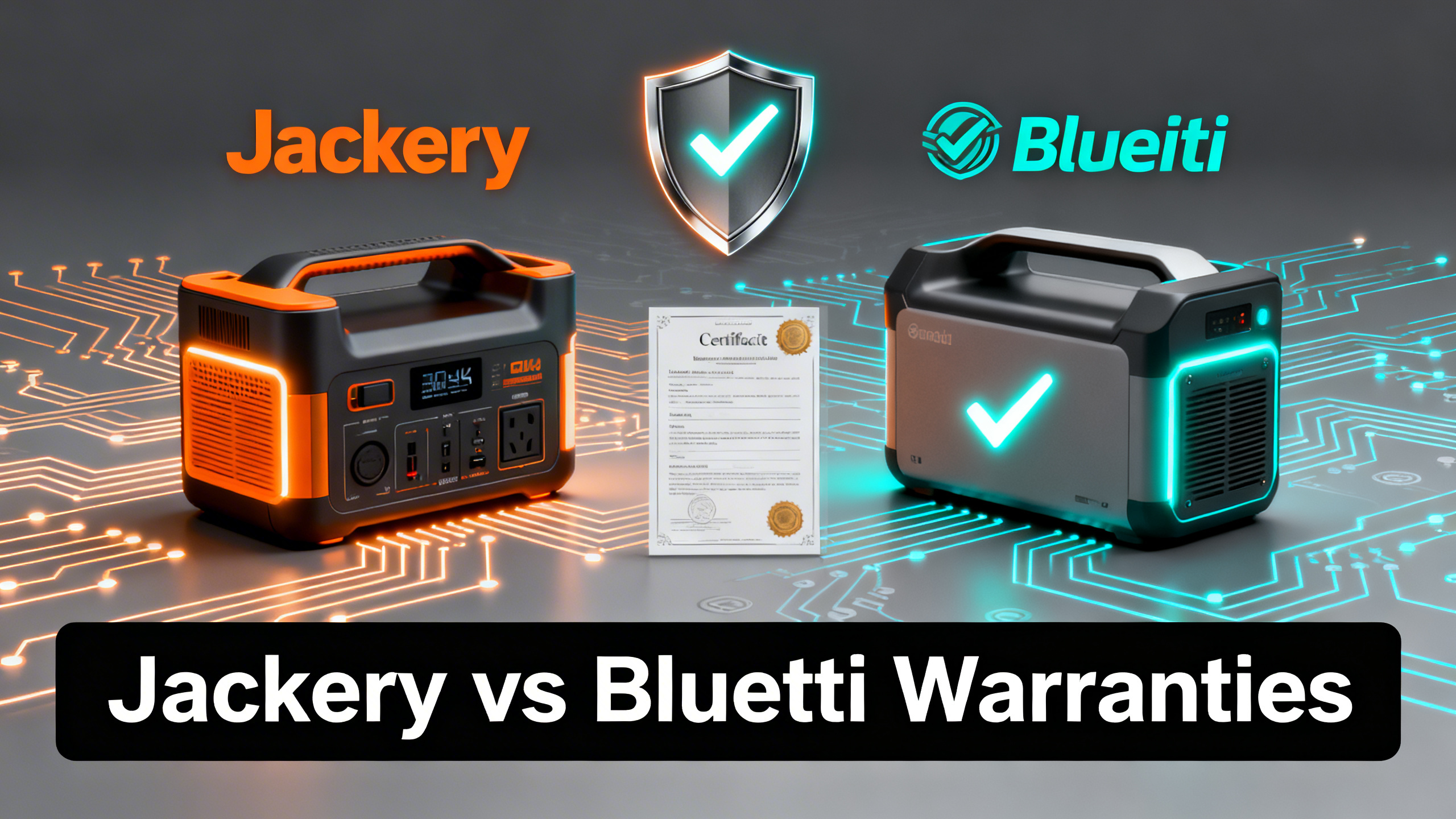 Editorial illustration of shield and certificate icons with dual brand colors orange and cyan on charcoal background