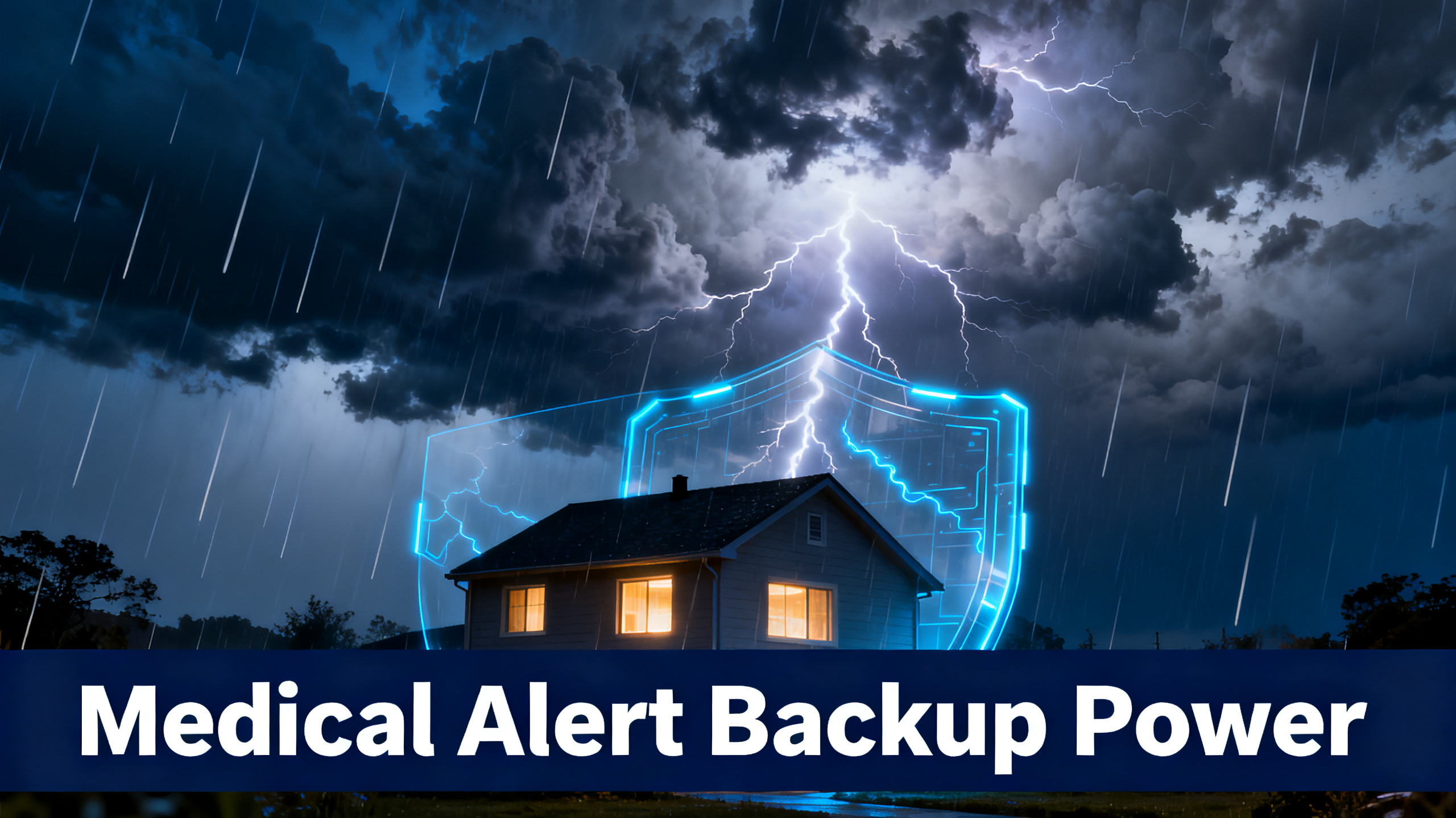 Dramatic stormy weather illustration with navy blue clouds, lightning bolts, house with glowing windows showing reliable backup power, tech energy shield visualization, white bold text 'Medical Alert Backup Power' on navy bar at bottom.