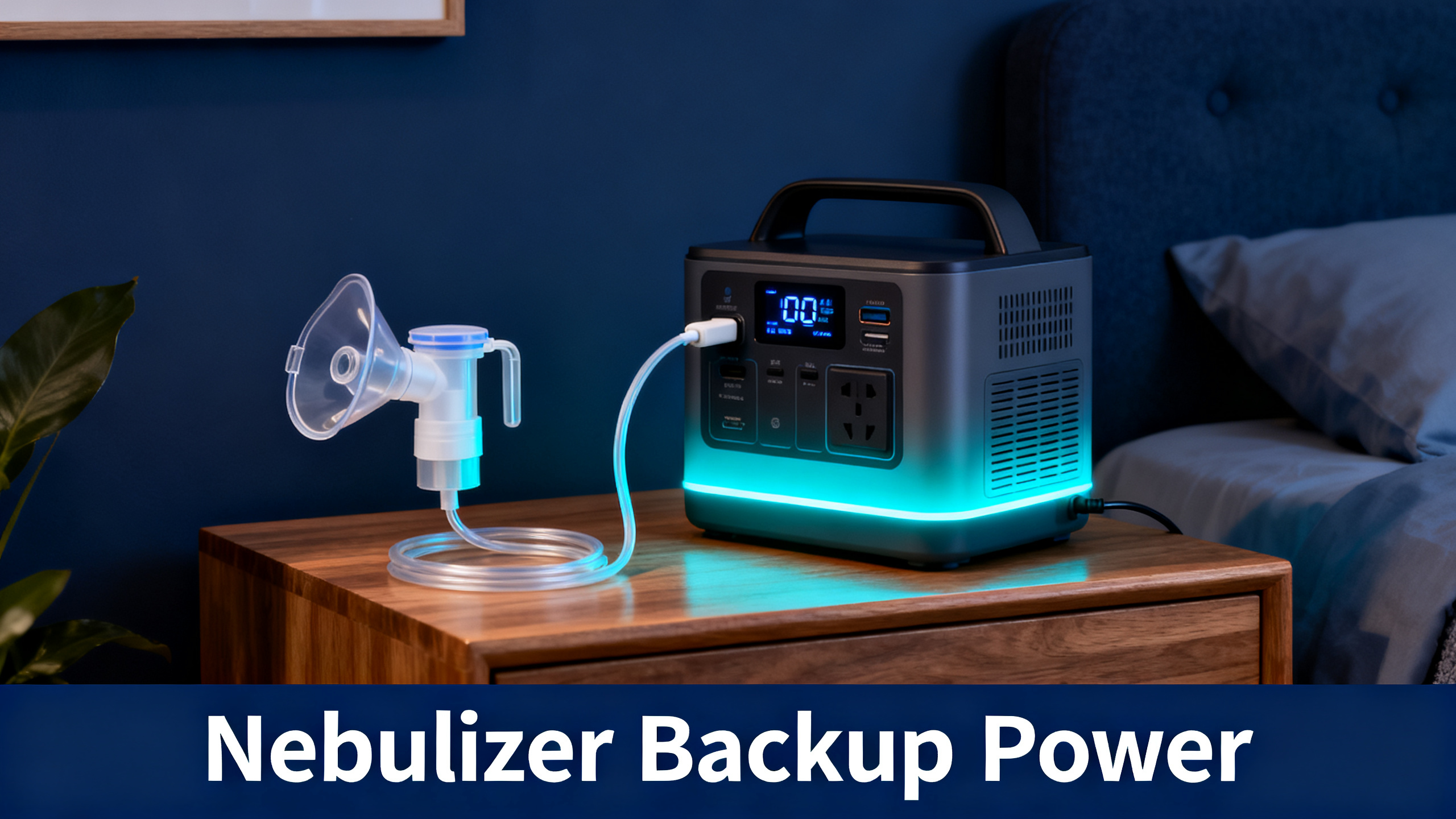 Realistic photograph of a tabletop nebulizer with mask and tubing plugged into a portable power station on a wooden side table, navy blue ambiance, electric cyan glow, white bold text 'Nebulizer Backup Power' on navy bar at bottom.
