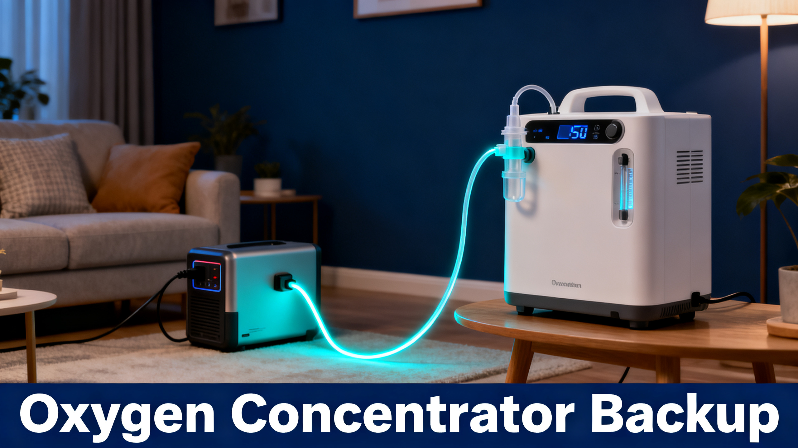 Realistic photograph of a home oxygen concentrator with nasal cannula tubing connected to a portable power station in a softly lit living room, navy blue ambiance, electric cyan glow, white bold text 'Oxygen Concentrator Backup' on navy bar at bottom.