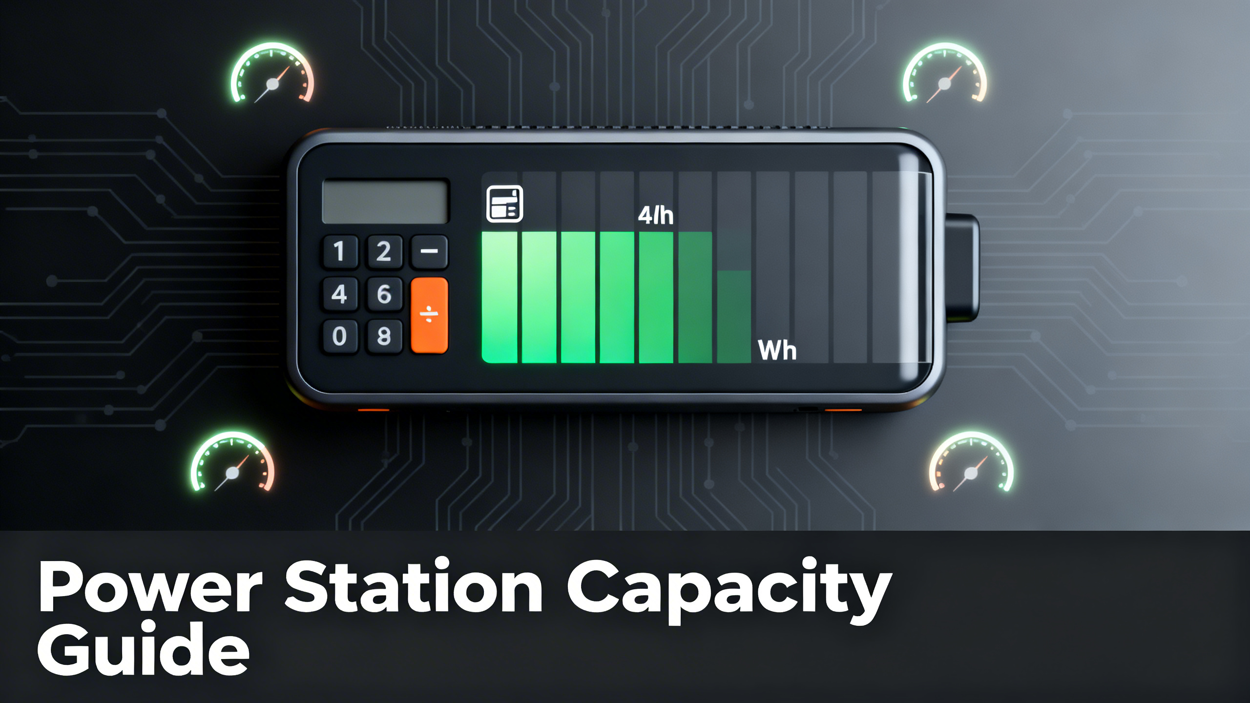 Editorial illustration of battery indicator and calculator icons on deep slate gradient background