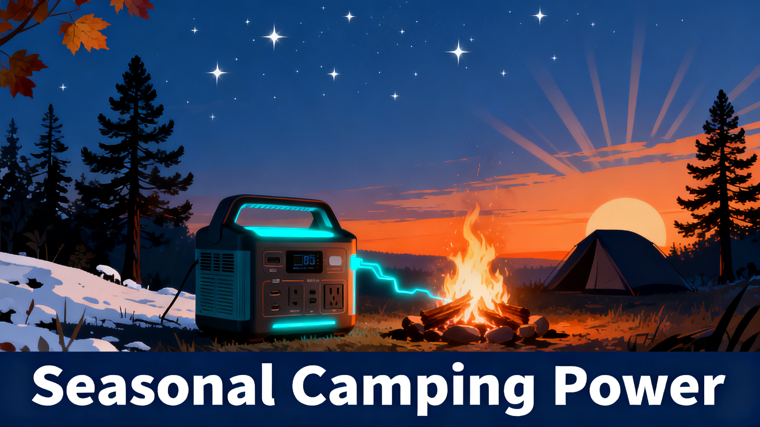 Illustrated four-season camping scene at dusk with tent and seasonal elements (snow, leaves, sun rays), orange-to-navy gradient sky, power station glowing cyan, pine trees, white text 'Seasonal Camping Power' on navy bar.