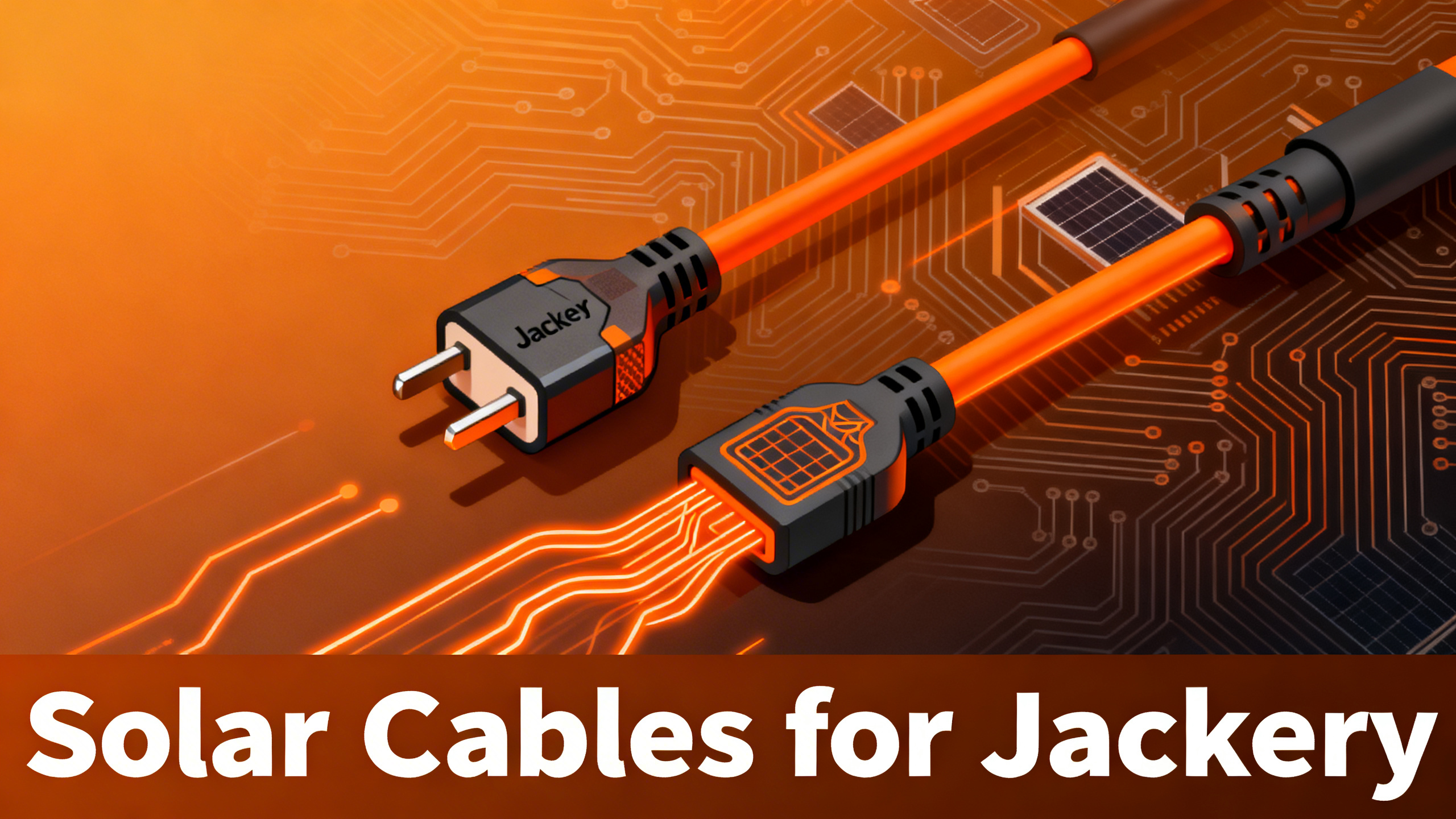 Editorial illustration of MC4 solar connector cables with Jackery branding on warm orange amber gradient background
