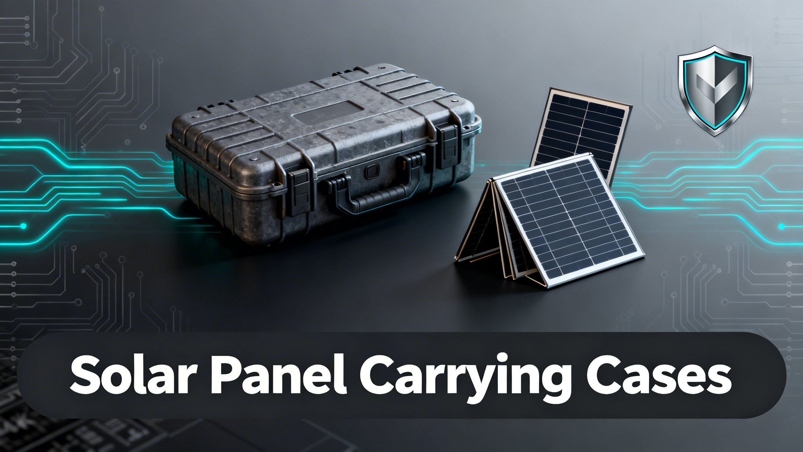 Editorial illustration of protective carrying case with solar panel and shield icons on charcoal gray gradient background