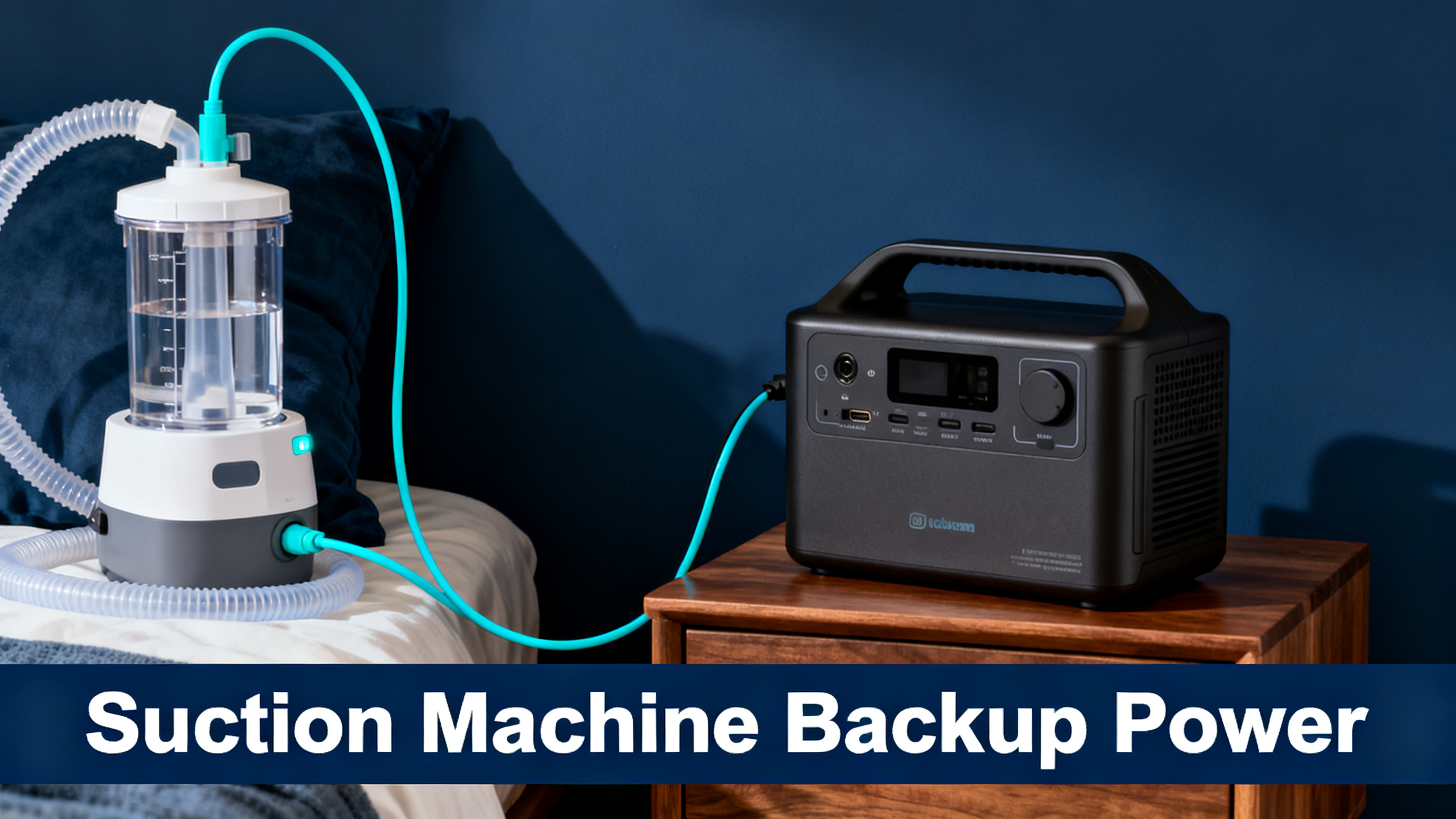 Realistic photograph of a portable medical suction machine with collection canister and tubing next to a portable power station, navy blue ambiance, electric cyan accents, white bold text 'Suction Machine Backup Power' on navy bar at bottom.