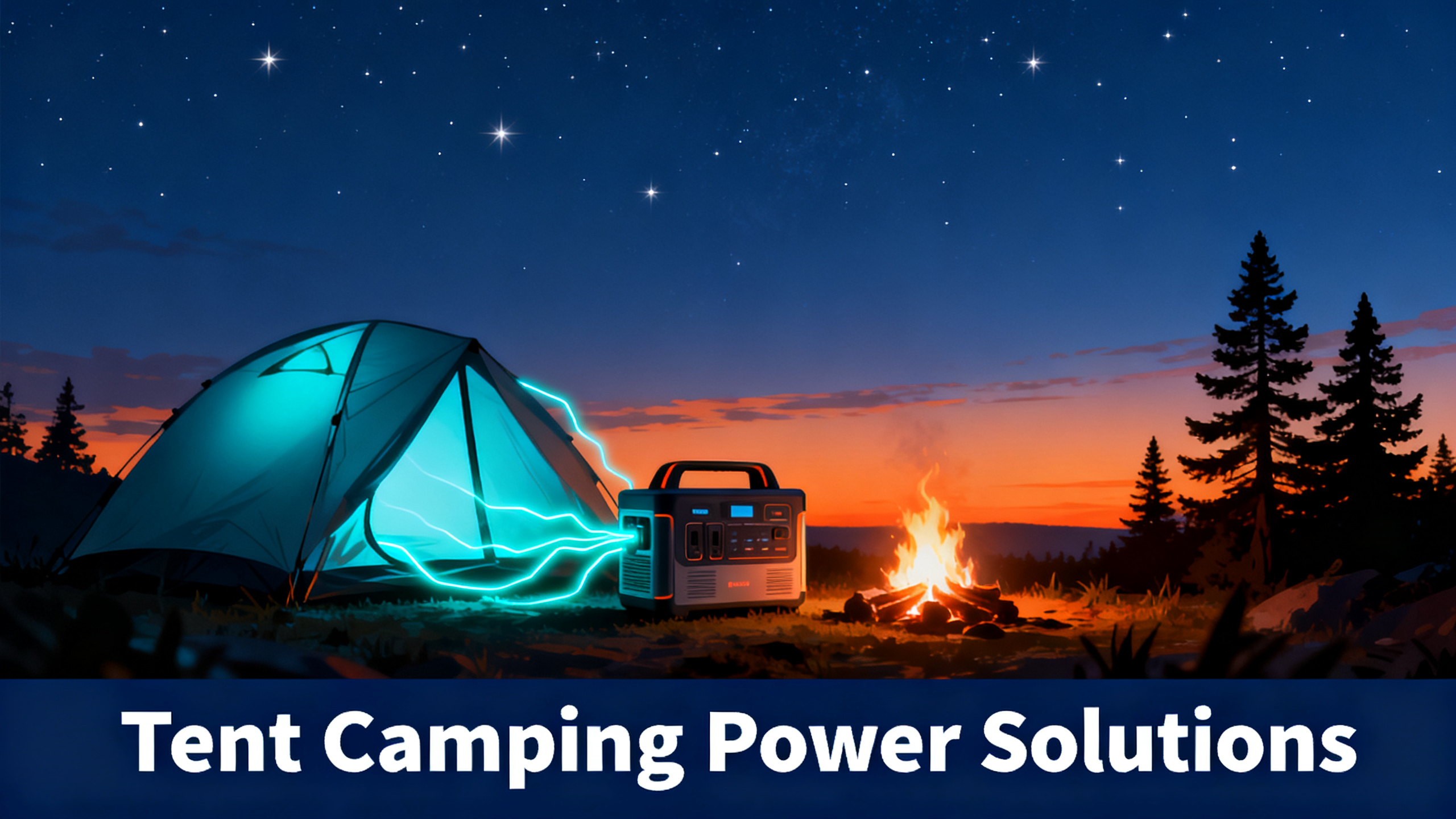 Illustrated tent camping scene at dusk, glowing tent against orange-to-navy sky, portable power station beside it with cyan glow, campfire, pine trees, with white text 'Tent Camping Power Solutions' on navy bar.