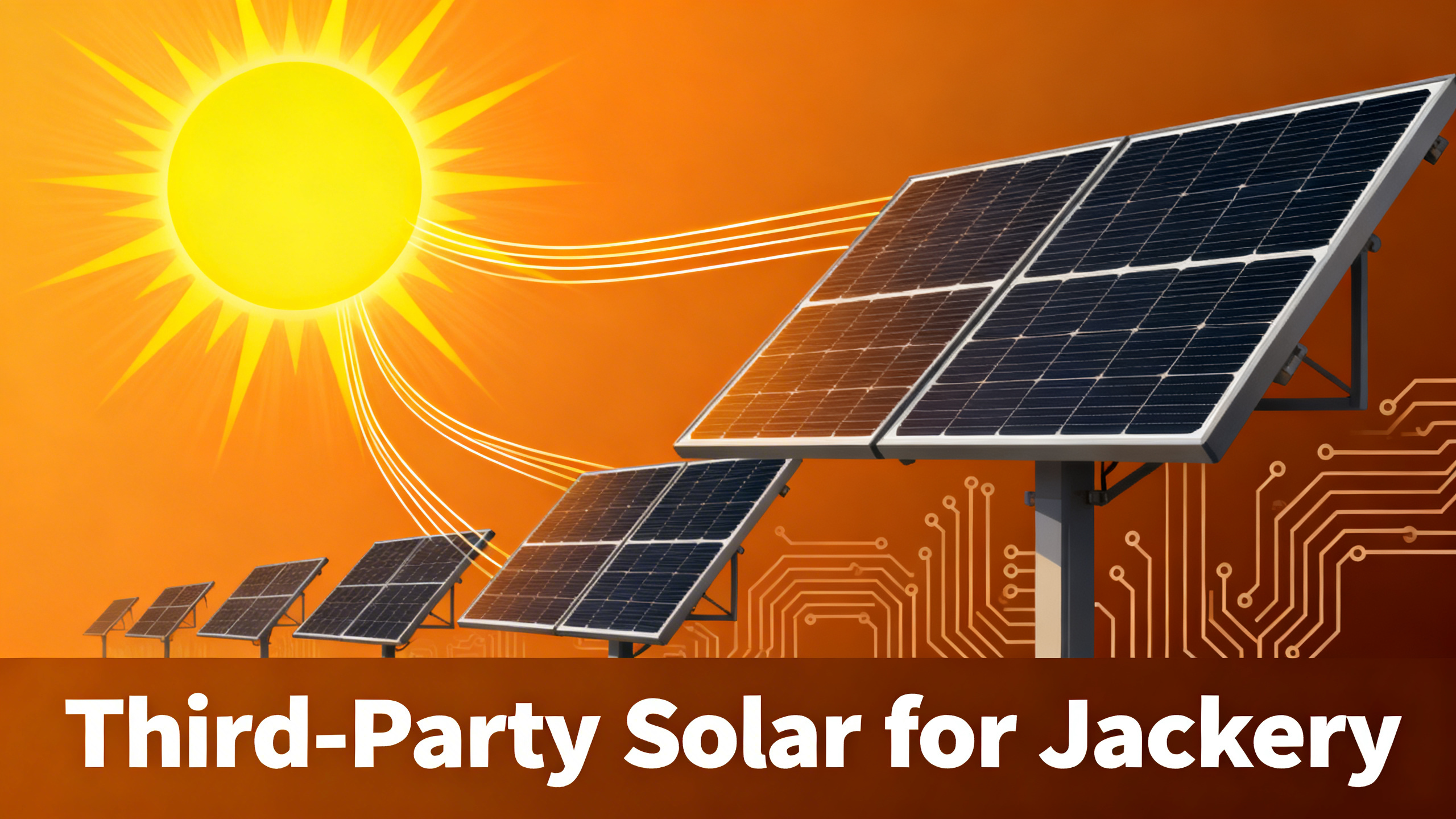 Editorial illustration of solar panels with bright sun and Jackery branding on warm orange amber gradient background
