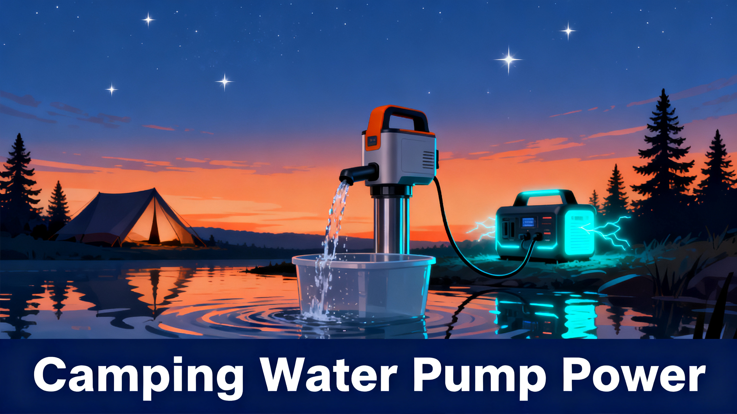 Illustrated camping scene at dusk near a stream with water pump and water container, orange-to-navy gradient sky, power station glowing cyan connected to pump, tent and pine trees, white text 'Camping Water Pump Power' on navy bar.