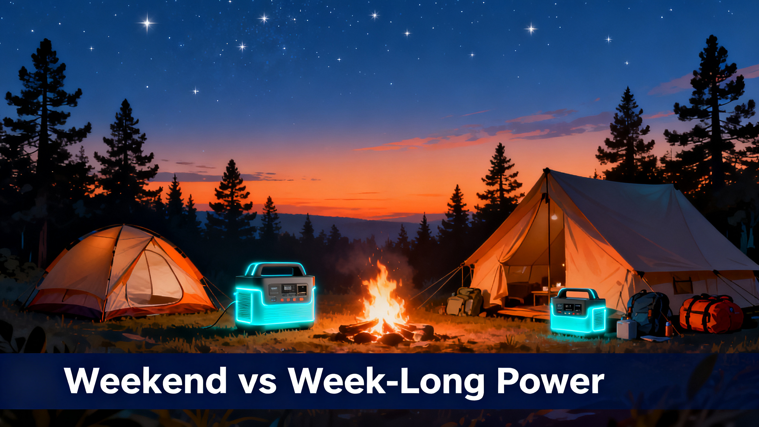 Split illustrated camping scene at dusk showing weekend vs week-long camping setups, orange-to-navy gradient sky, two power stations of different sizes glowing cyan, pine trees, white text 'Weekend vs Week-Long Power' on navy bar.