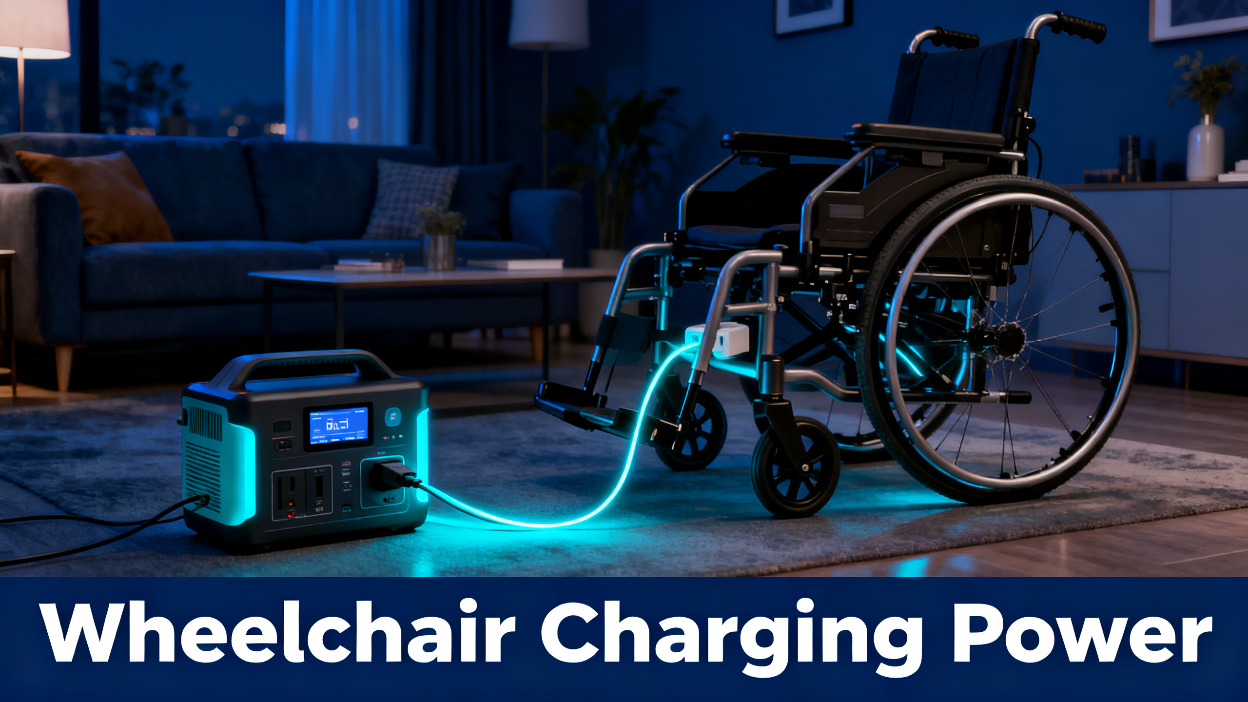Realistic photograph of an electric power wheelchair charging from a portable power station in a modern home living room, navy blue ambiance, electric cyan glow, white bold text 'Wheelchair Charging Power' on navy bar at bottom.