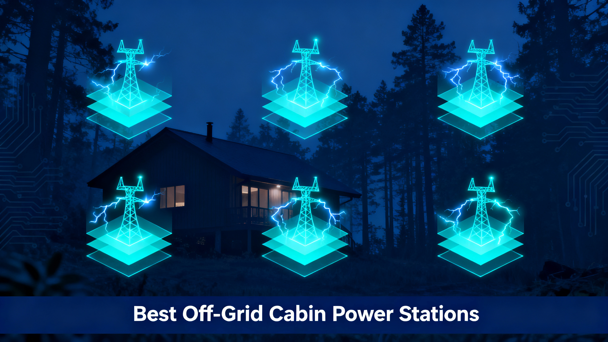 Editorial grid showing top power stations for off-grid cabin use with glowing geometric shapes on navy blue background